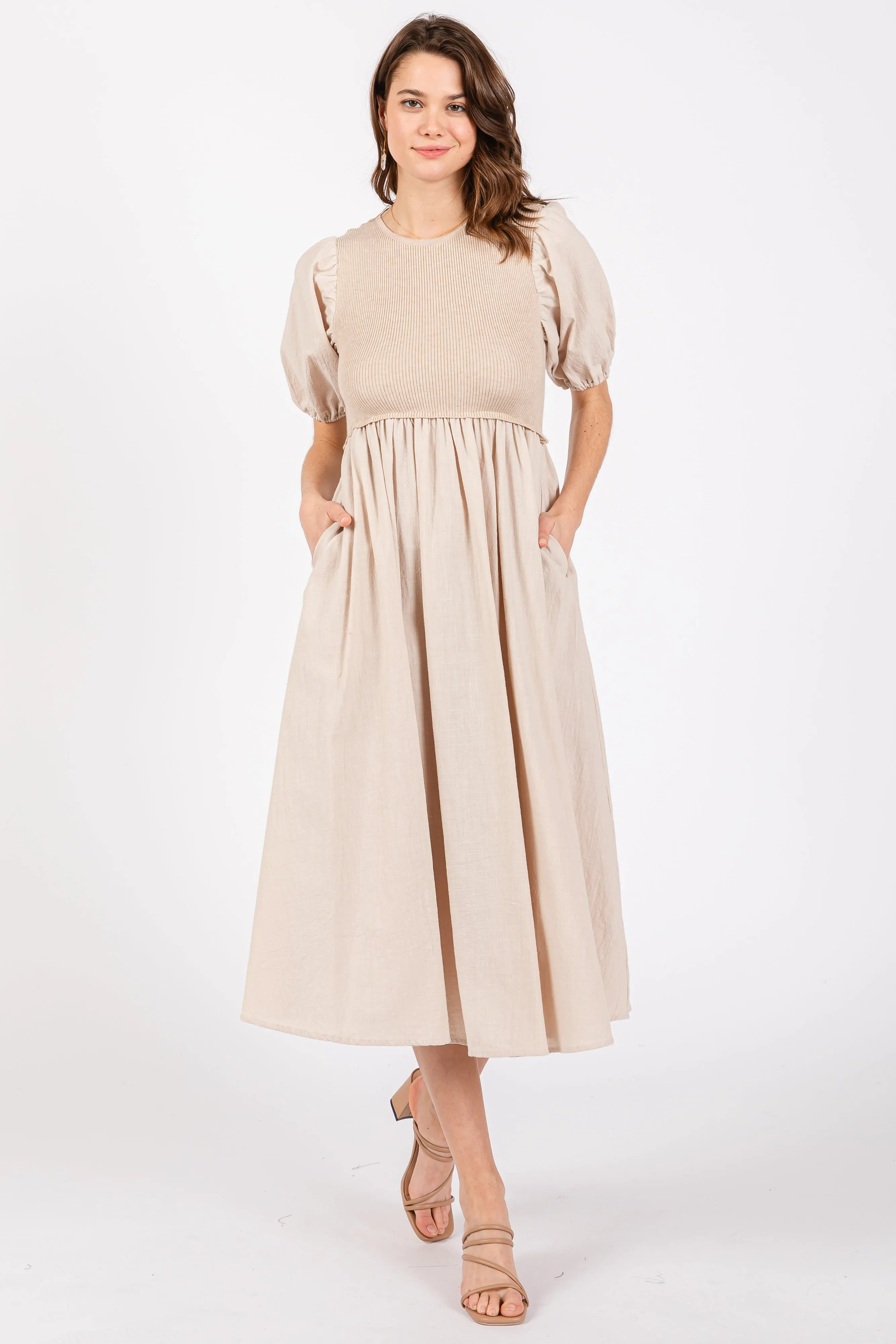 Beige Ribbed Bodice Puff Sleeve Midi Dress sold by Pinkblush