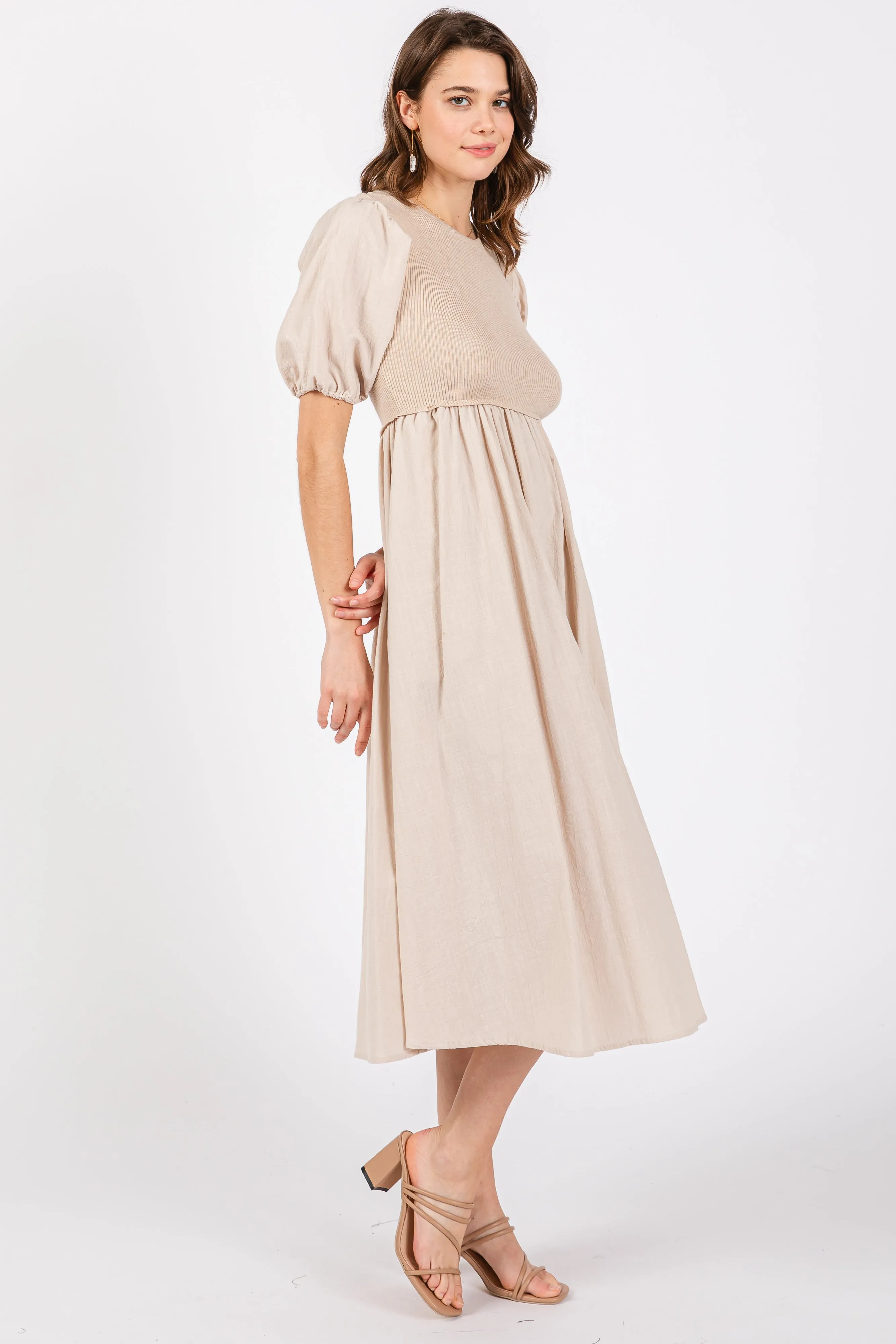 Beige Ribbed Bodice Puff Sleeve Midi Dress sold by Pinkblush product image thumbnail 2