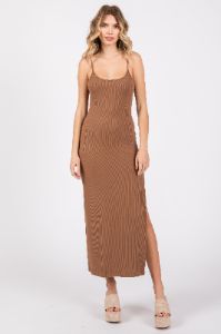 Mocha Ribbed Sleeveless Side Slit Dress sold by Pinkblush