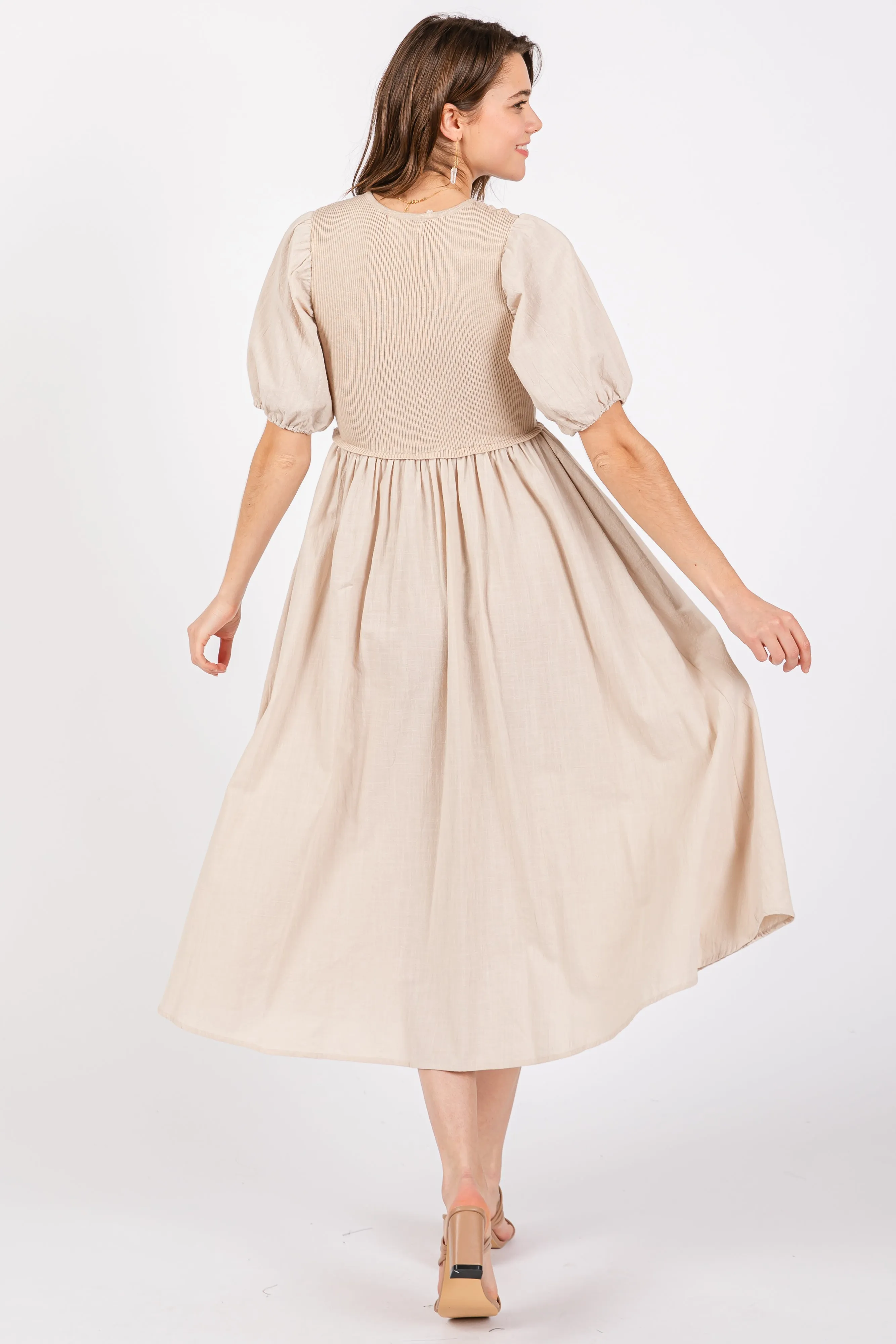 Beige Ribbed Bodice Puff Sleeve Midi Dress sold by Pinkblush product image thumbnail 3