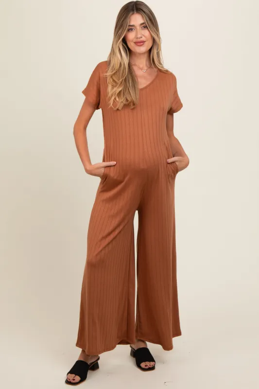Camel Ribbed Wide Leg Maternity Jumpsuit sold by Pinkblush
