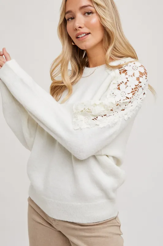 White Crochet Lace Shoulder Sweater sold by Pinkblush