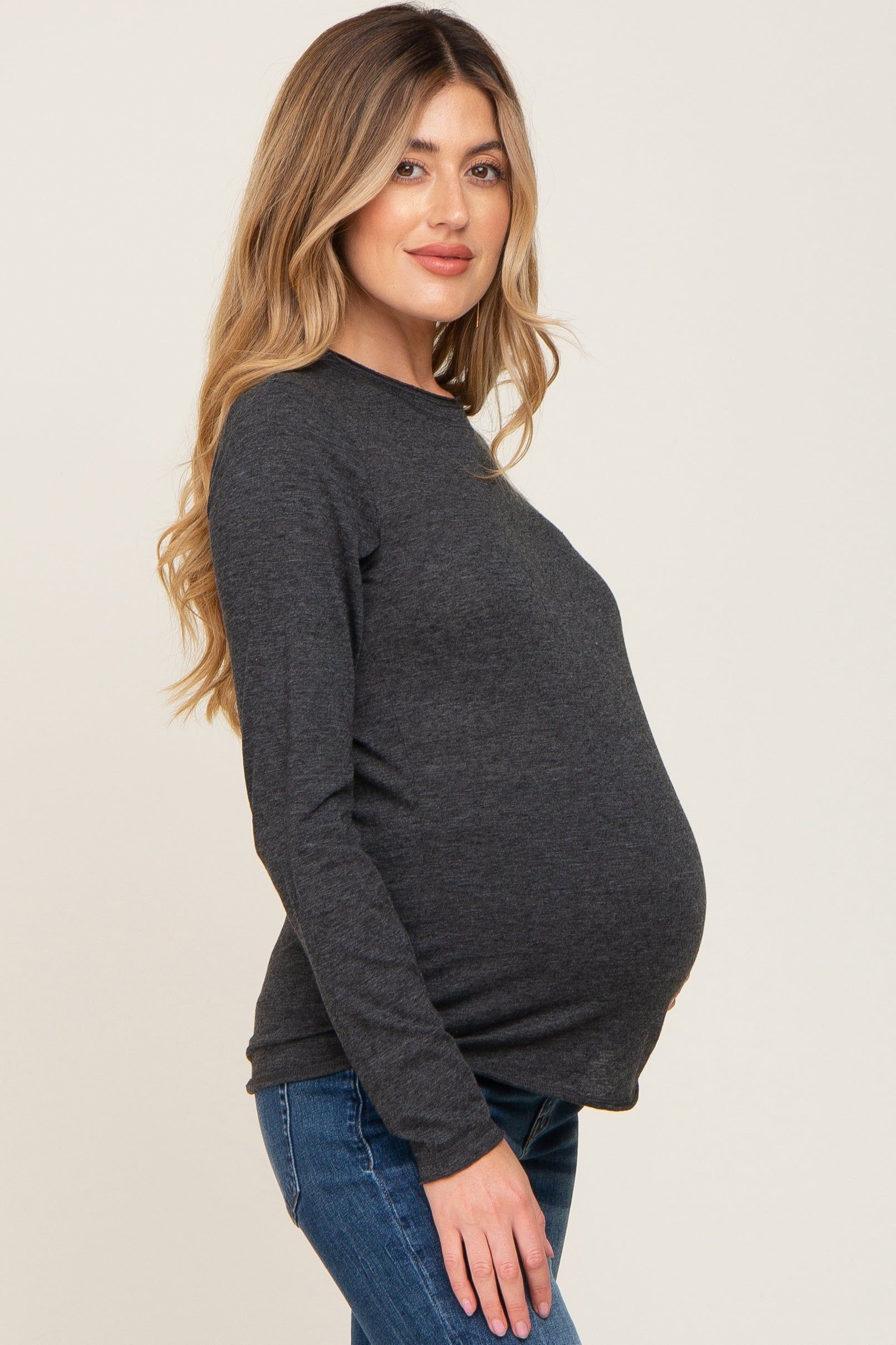 Charcoal Basic Raw Hem Maternity Long Sleeve Top sold by Pinkblush product image thumbnail 2