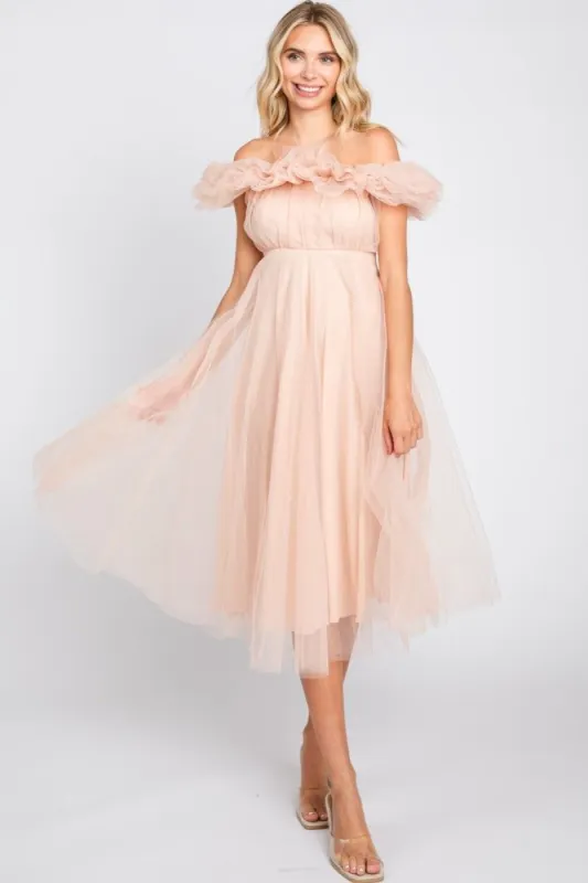 Light Pink Tulle Off Shoulder Midi Dress sold by Pinkblush
