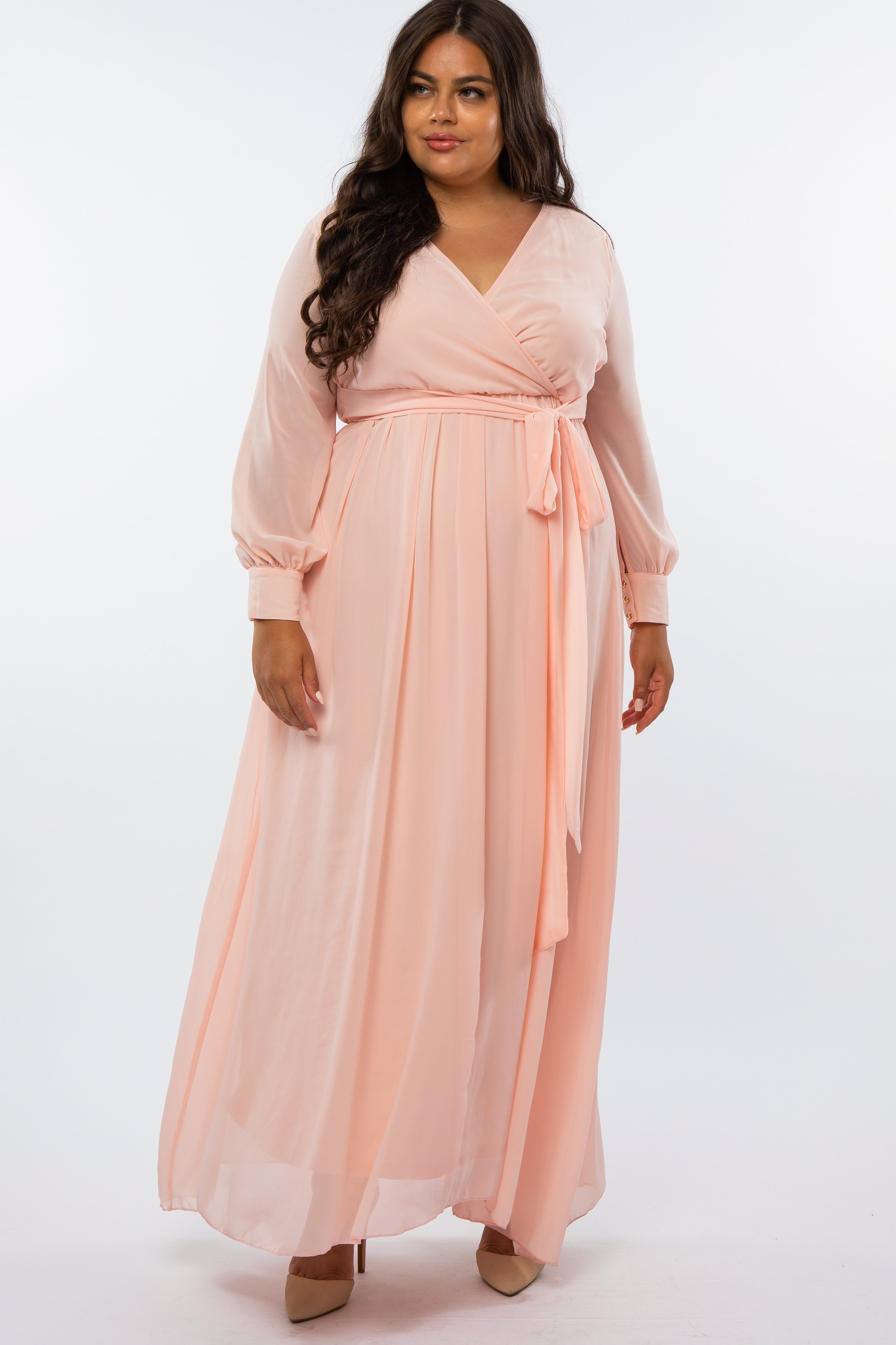 Peach Chiffon Long Sleeve Pleated Plus Maxi Dress sold by Pinkblush