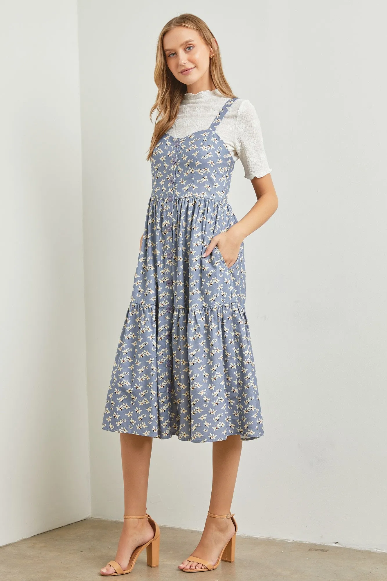 Blue Floral Sweetheart Neck Button Front Ruffle Midi Dress sold by Pinkblush product image thumbnail 2