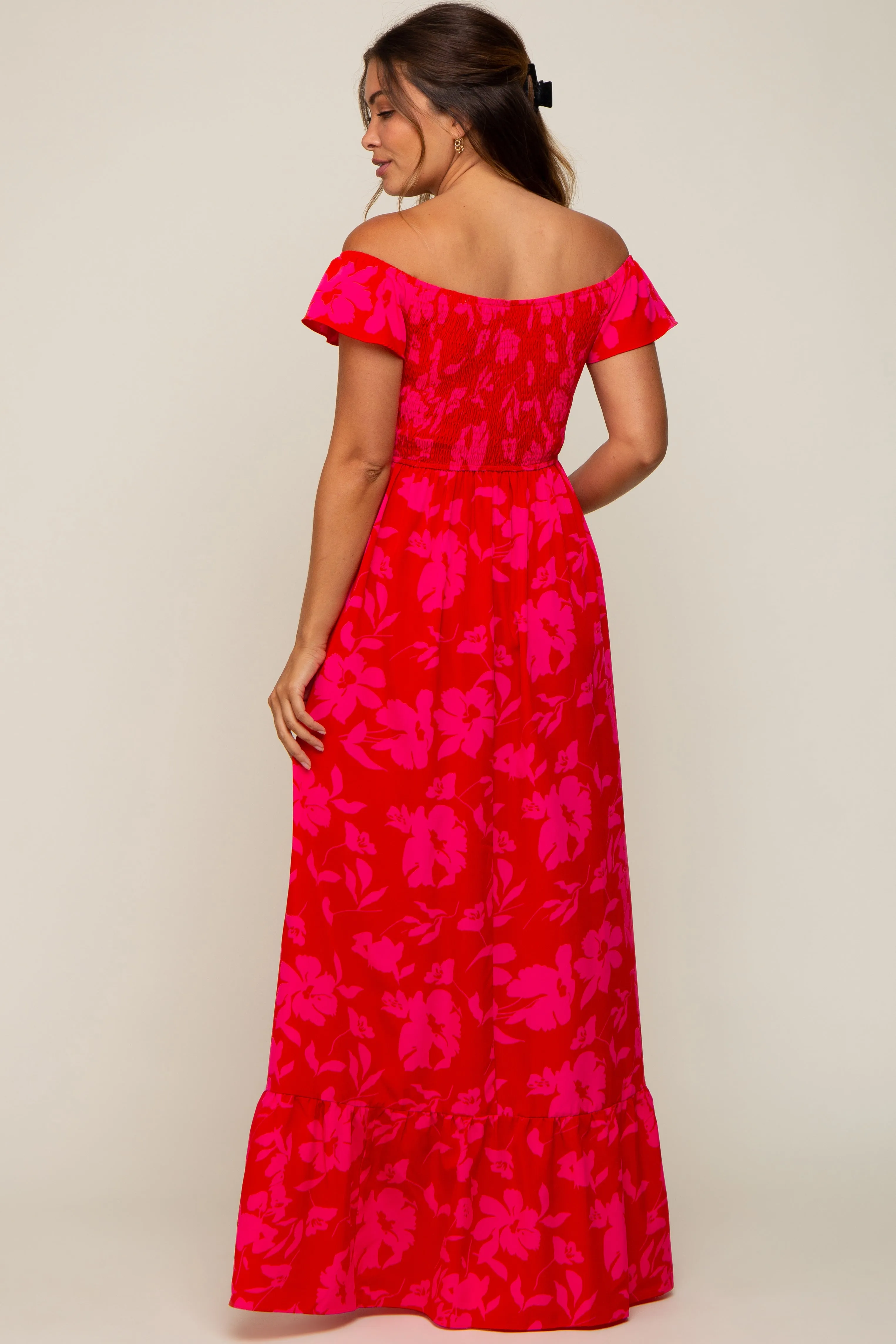 Red Floral Smocked Cinched Top Maternity Maxi Dress sold by Pinkblush product image thumbnail 3