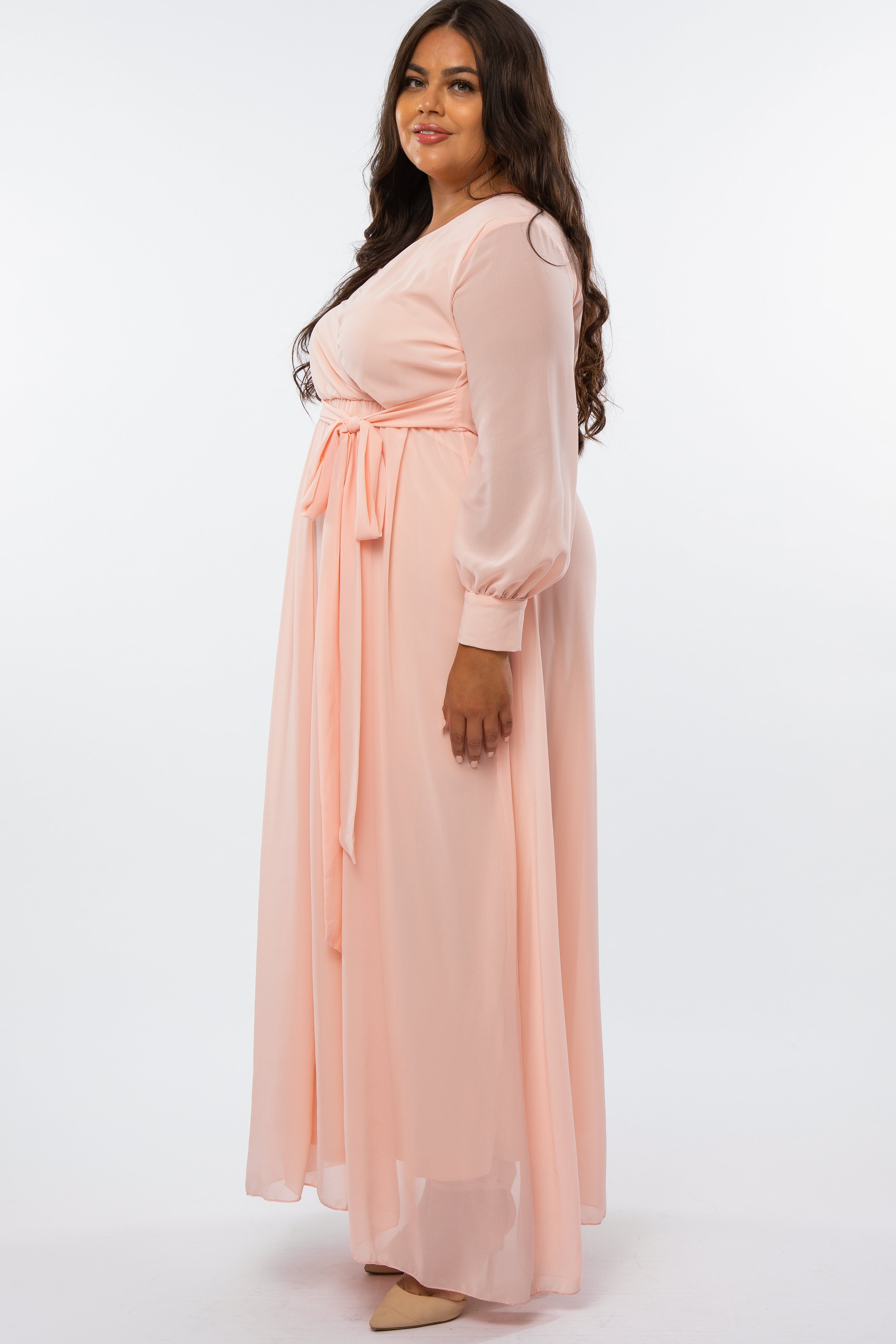 Peach Chiffon Long Sleeve Pleated Plus Maxi Dress sold by Pinkblush product image thumbnail 2