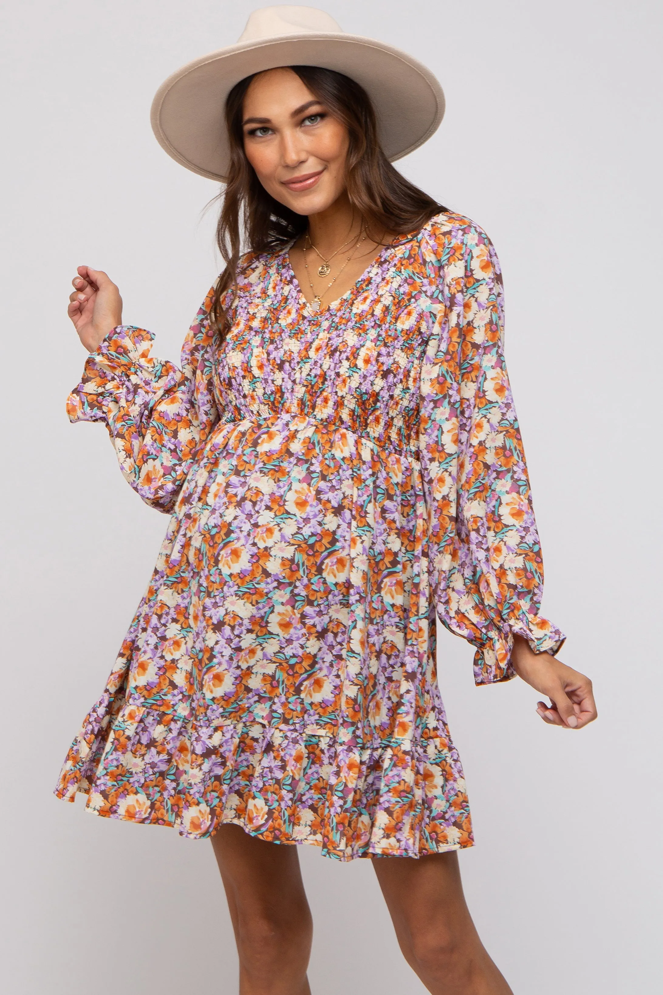 Brown Floral Smocked V-Neck Maternity Dress sold by Pinkblush product image thumbnail 2