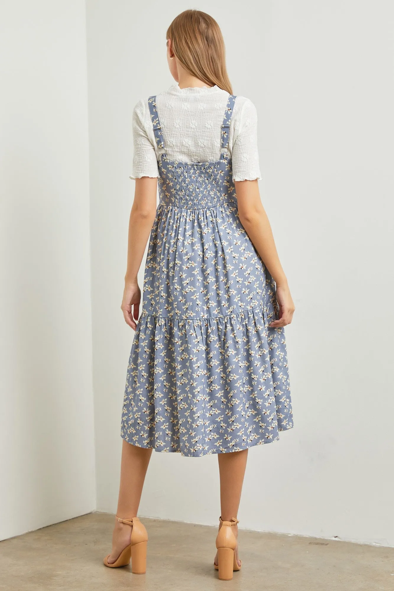Blue Floral Sweetheart Neck Button Front Ruffle Midi Dress sold by Pinkblush product image thumbnail 3