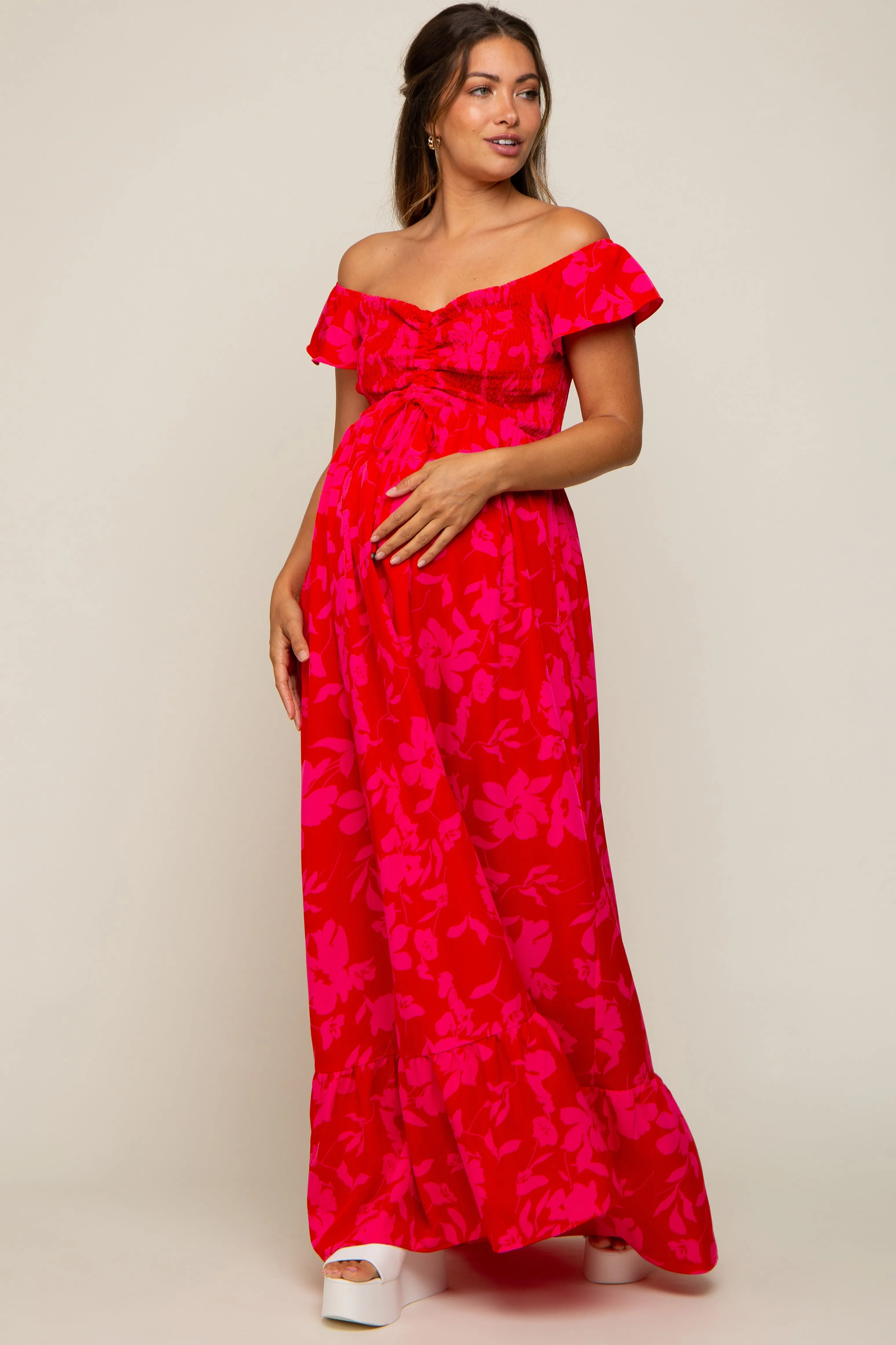 Red Floral Smocked Cinched Top Maternity Maxi Dress sold by Pinkblush product image thumbnail 4