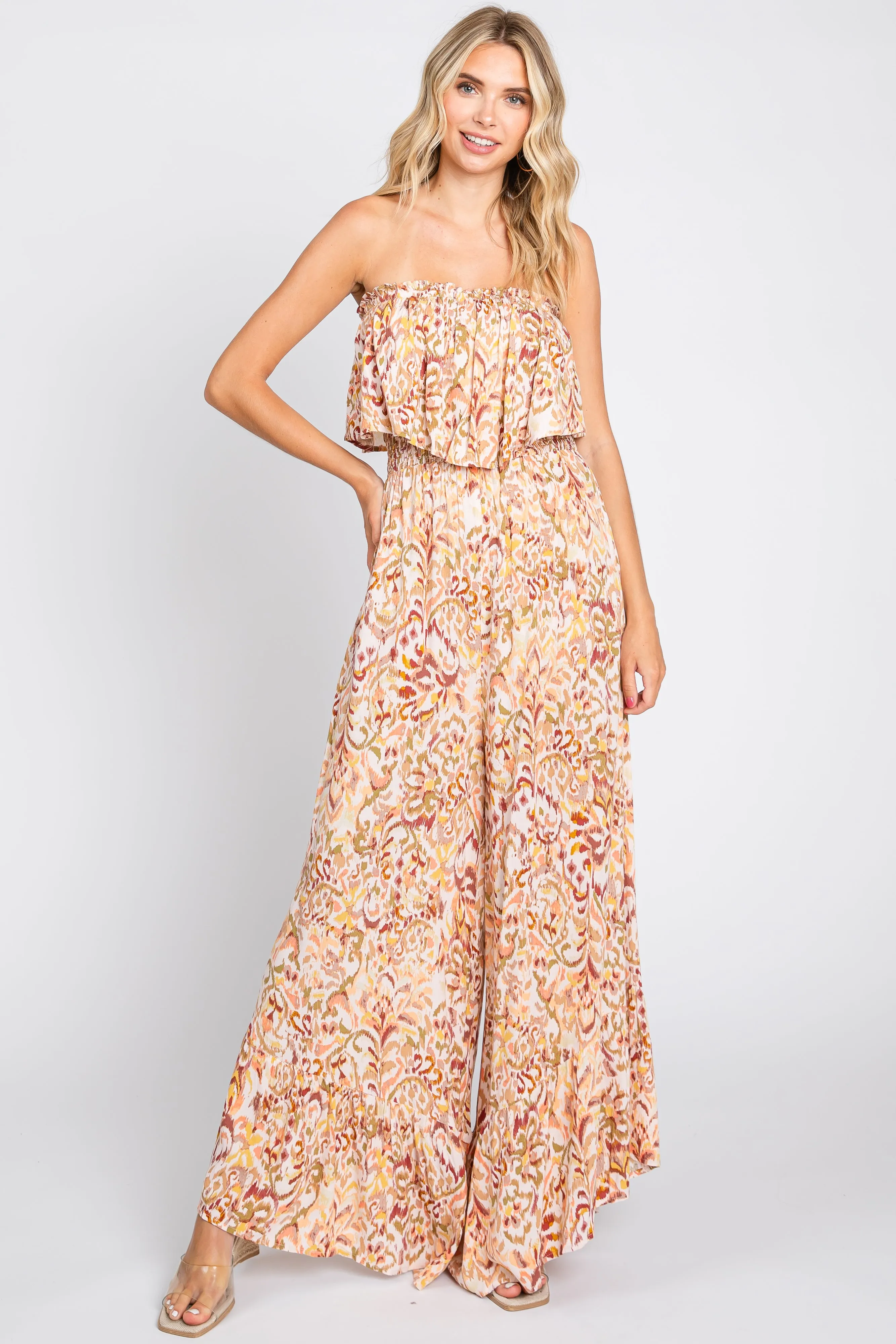 Coral Strapless Ruffle Overlay Jumpsuit sold by Pinkblush