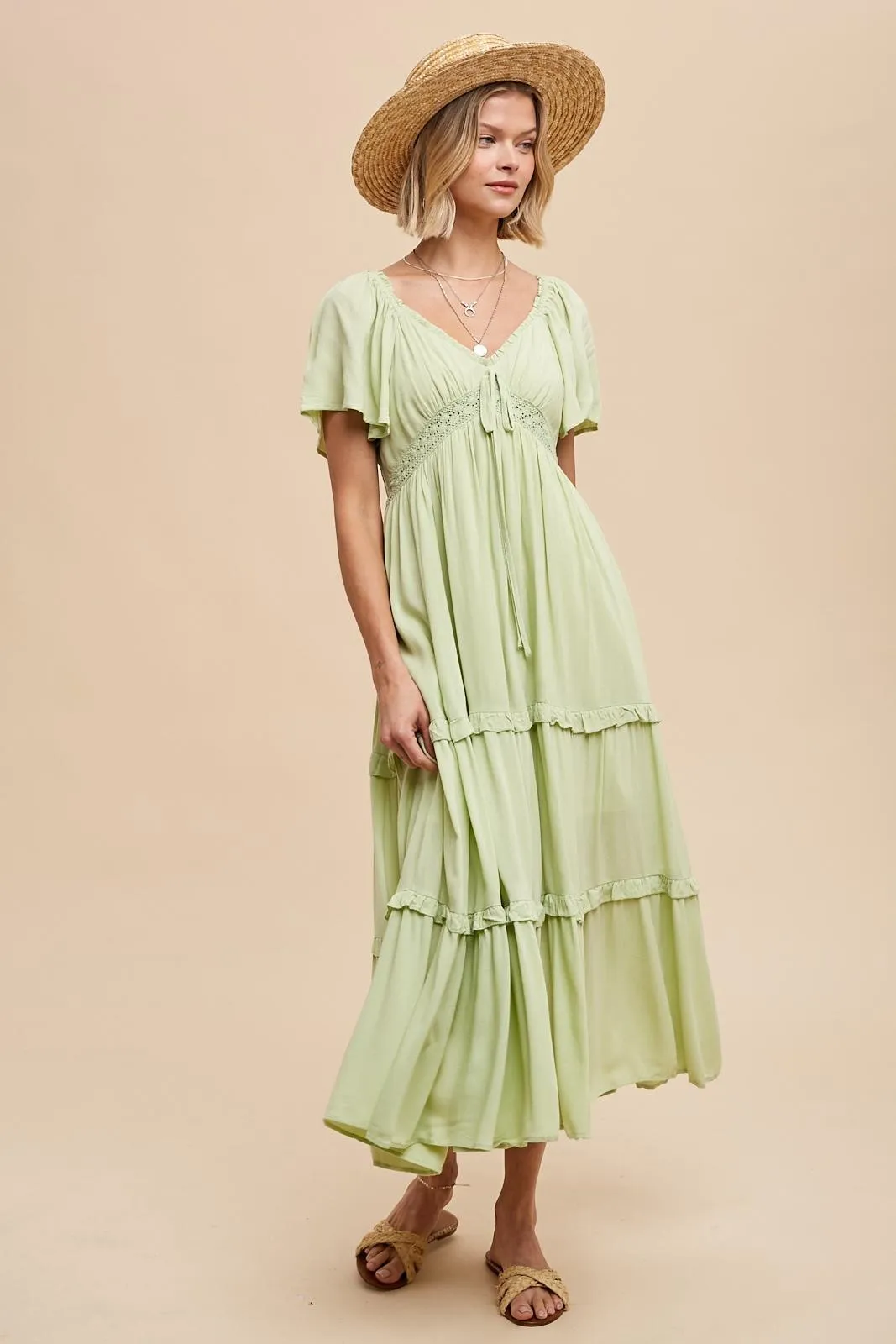 Sage Crochet Lace Tiered Ruffle Maxi Dress sold by Pinkblush