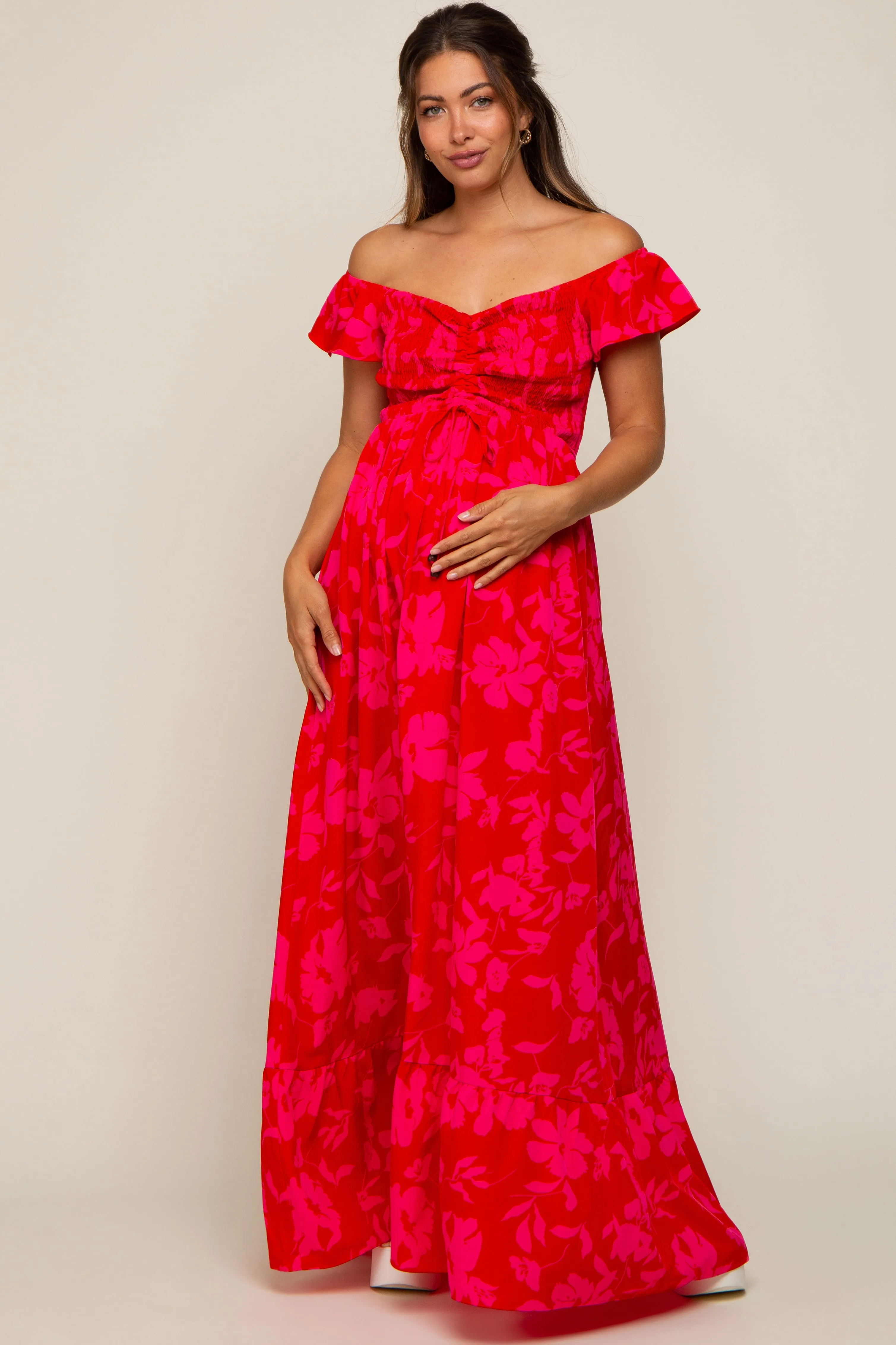 Red Floral Smocked Cinched Top Maternity Maxi Dress sold by Pinkblush