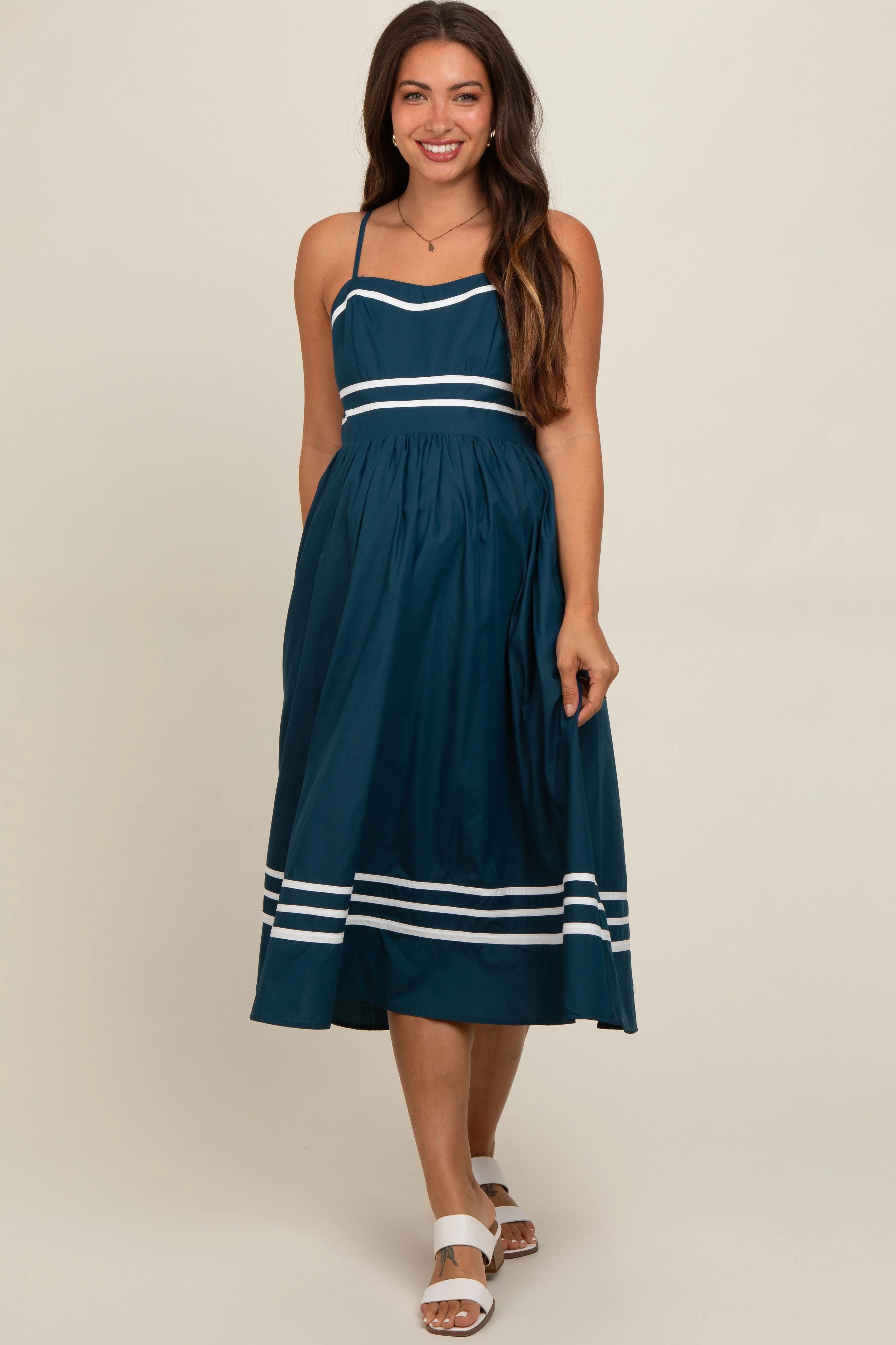 Navy Stripe Accent Maternity Midi Dress sold by Pinkblush
