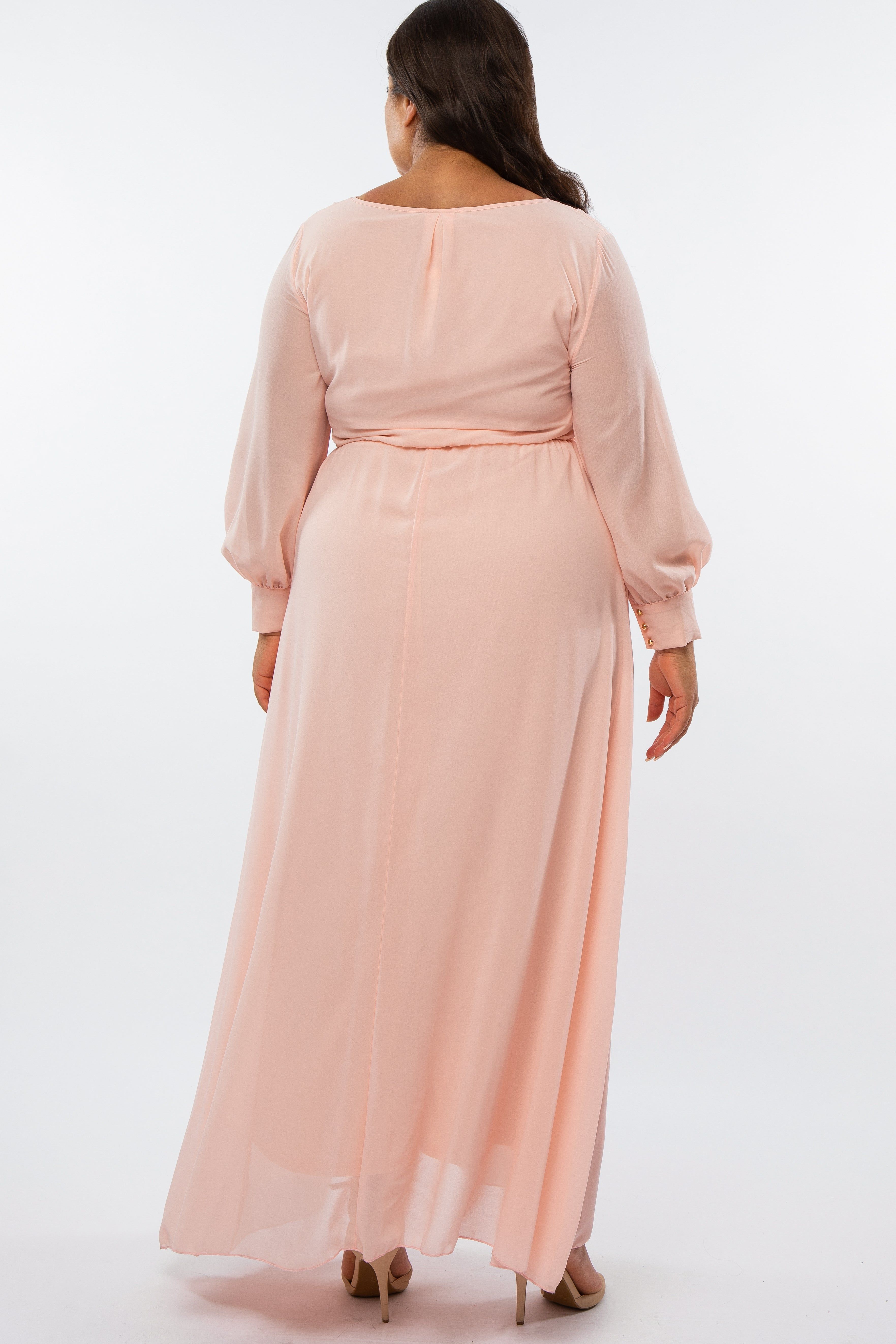 Peach Chiffon Long Sleeve Pleated Plus Maxi Dress sold by Pinkblush product image thumbnail 3