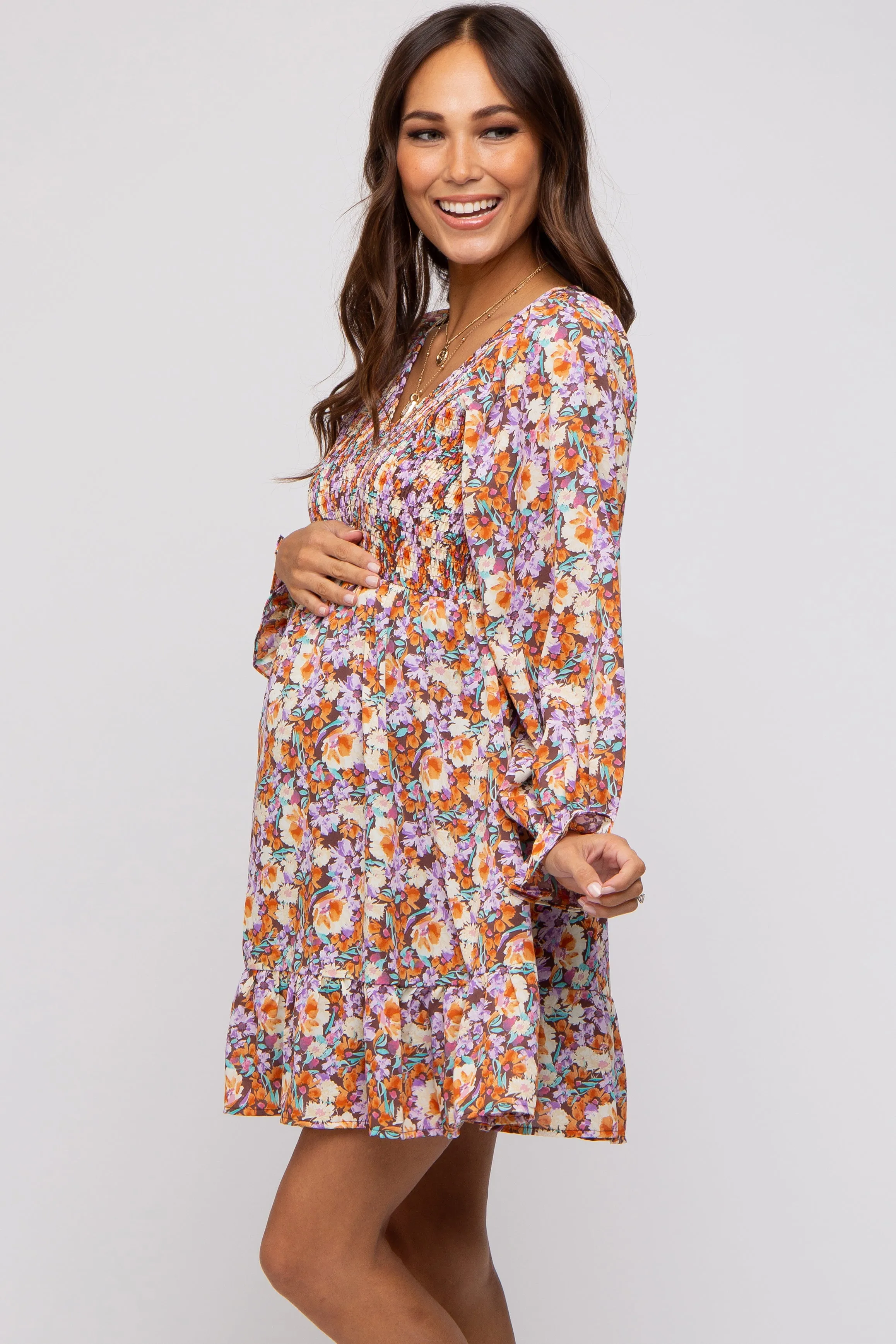 Brown Floral Smocked V-Neck Maternity Dress sold by Pinkblush product image thumbnail 3