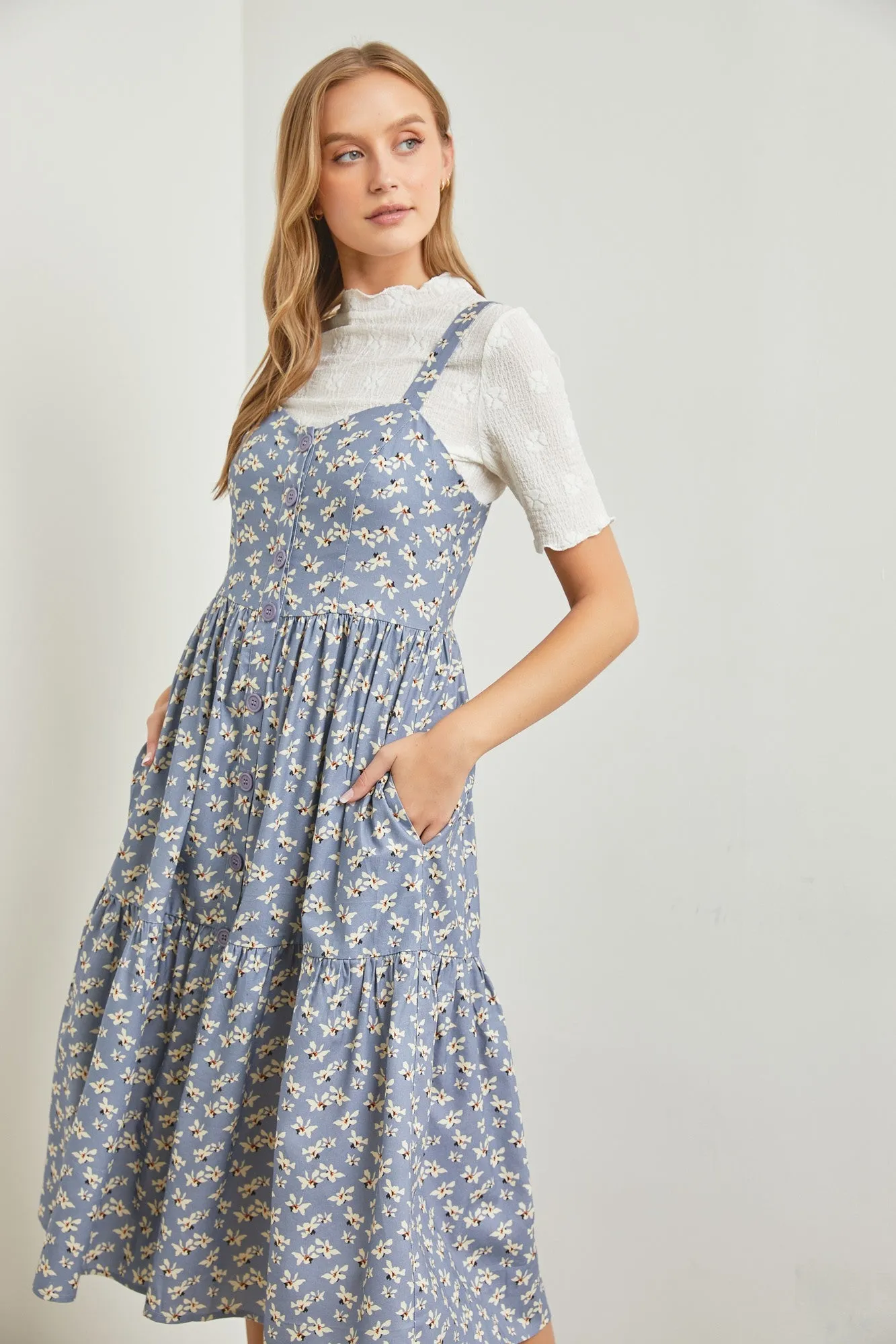 Blue Floral Sweetheart Neck Button Front Ruffle Midi Dress sold by Pinkblush product image thumbnail 4