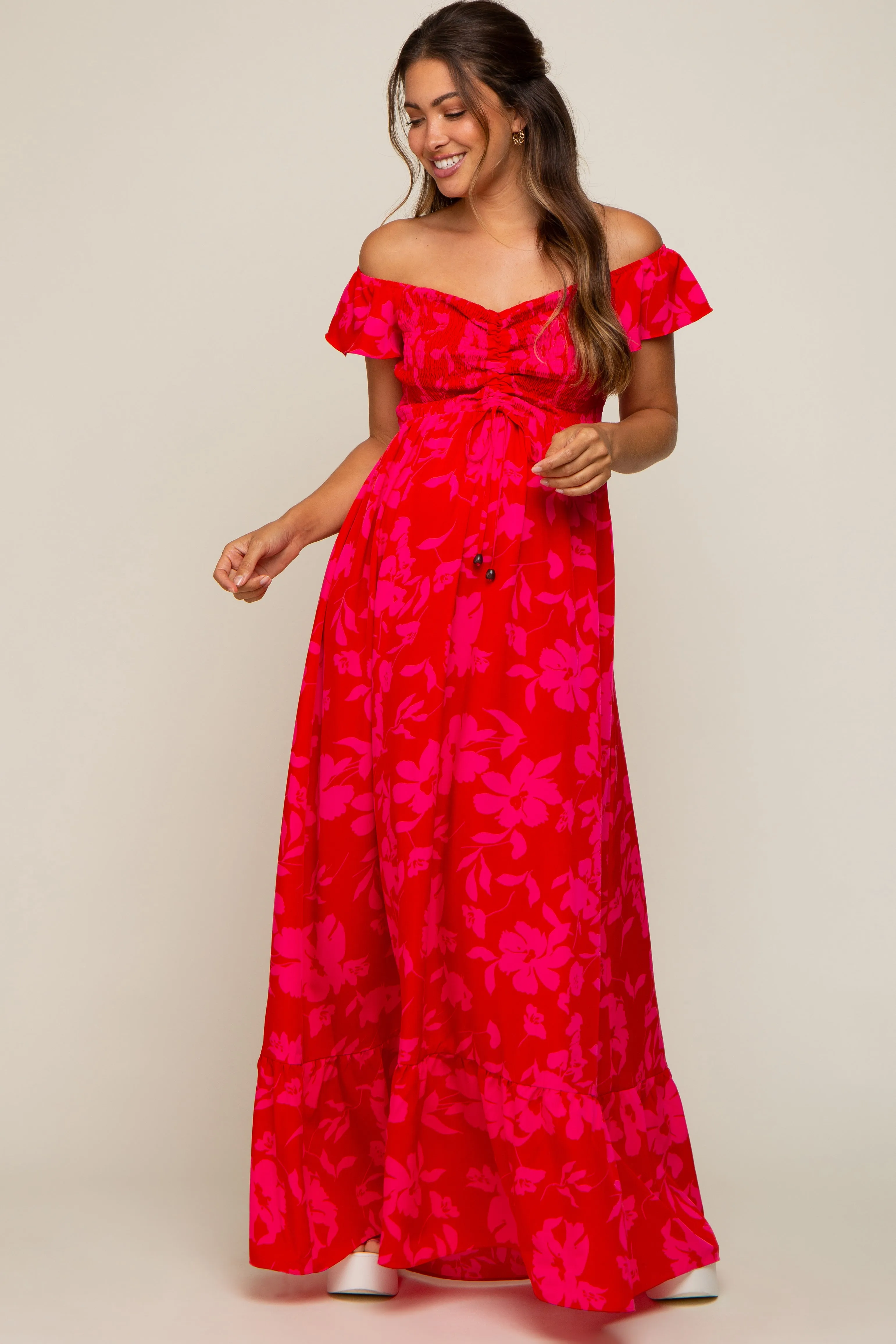 Red Floral Smocked Cinched Top Maternity Maxi Dress sold by Pinkblush product image thumbnail 5