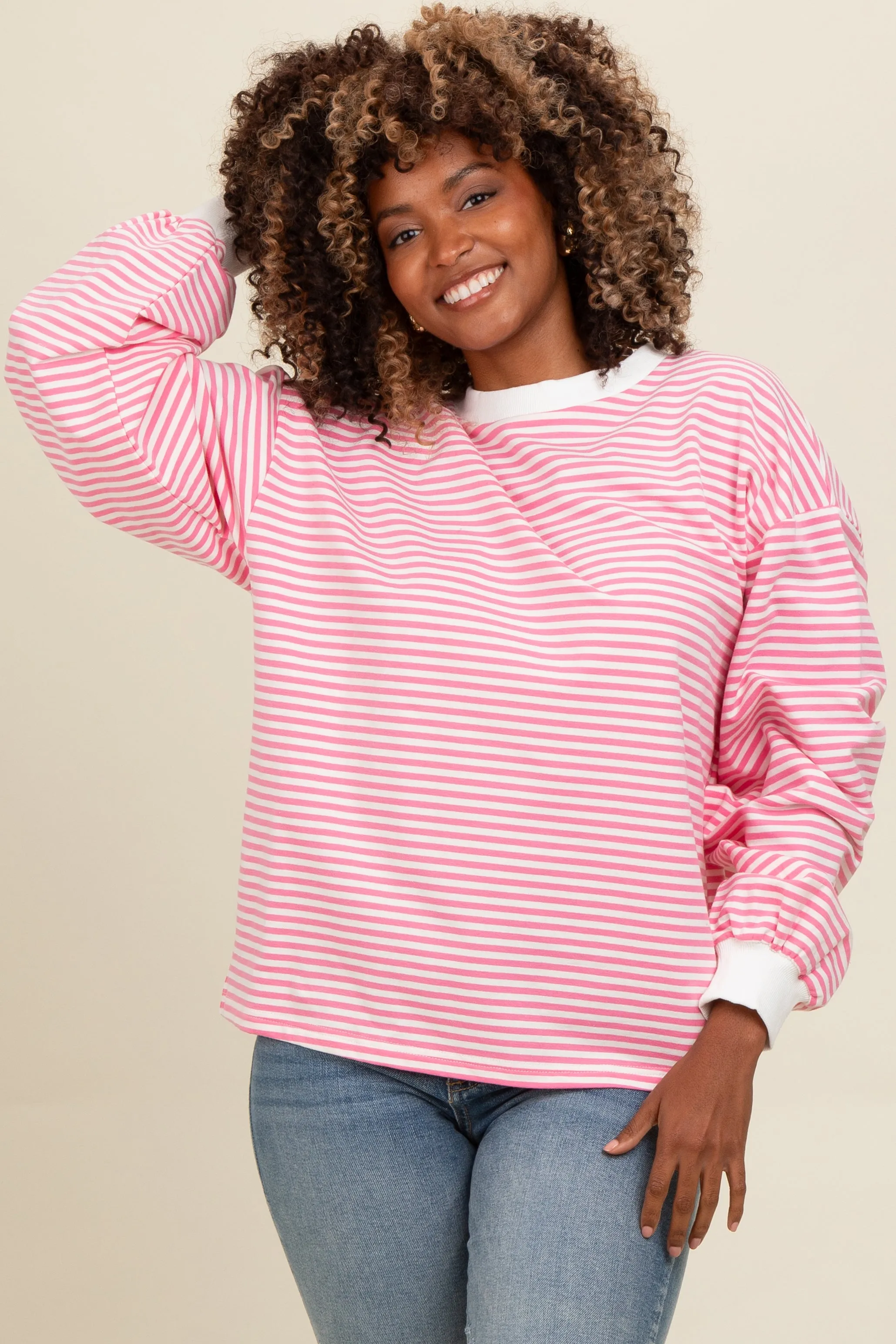 Pink Striped Balloon Sleeve Pullover sold by Pinkblush product image thumbnail 3