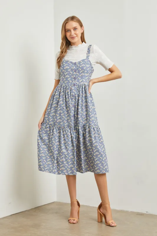 Blue Floral Sweetheart Neck Button Front Ruffle Midi Dress sold by Pinkblush