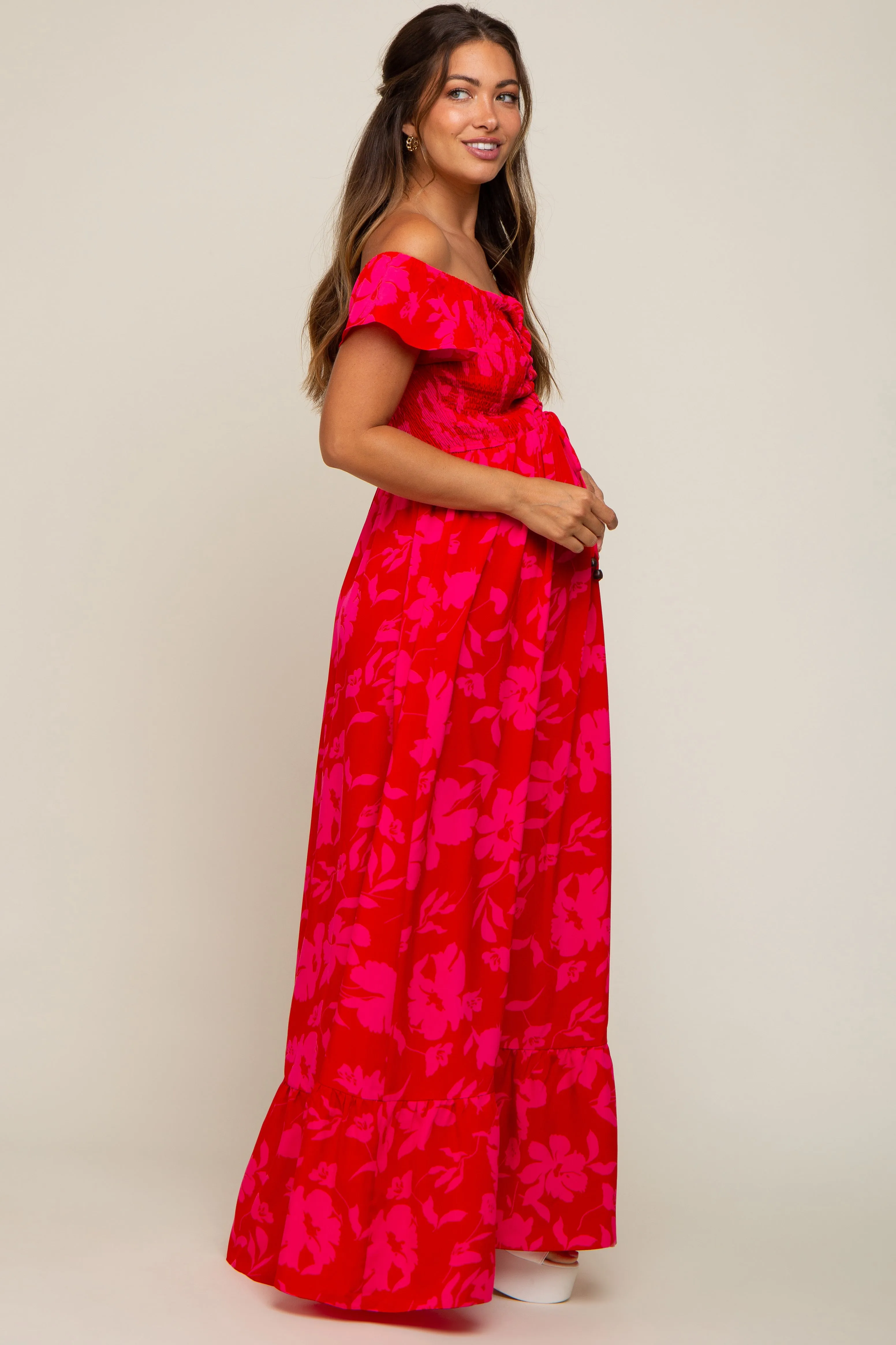 Red Floral Smocked Cinched Top Maternity Maxi Dress sold by Pinkblush product image thumbnail 2