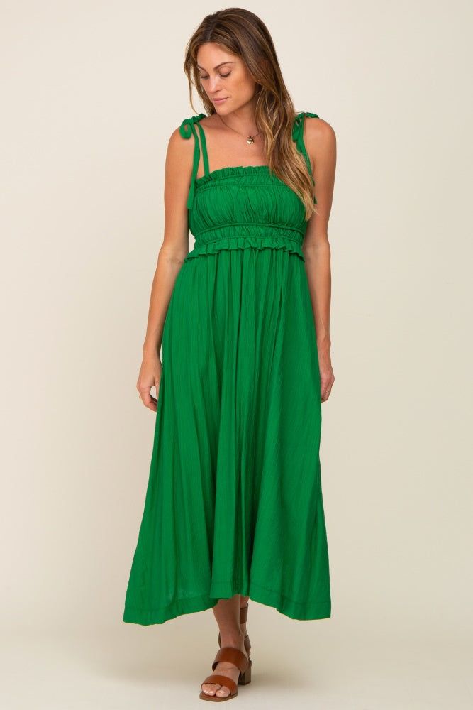 Green Shirred Shoulder Tie Midi Dress sold by Pinkblush product image thumbnail 5