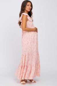 Pink Floral Ruffle Tiered Maternity Maxi Dress sold by Pinkblush