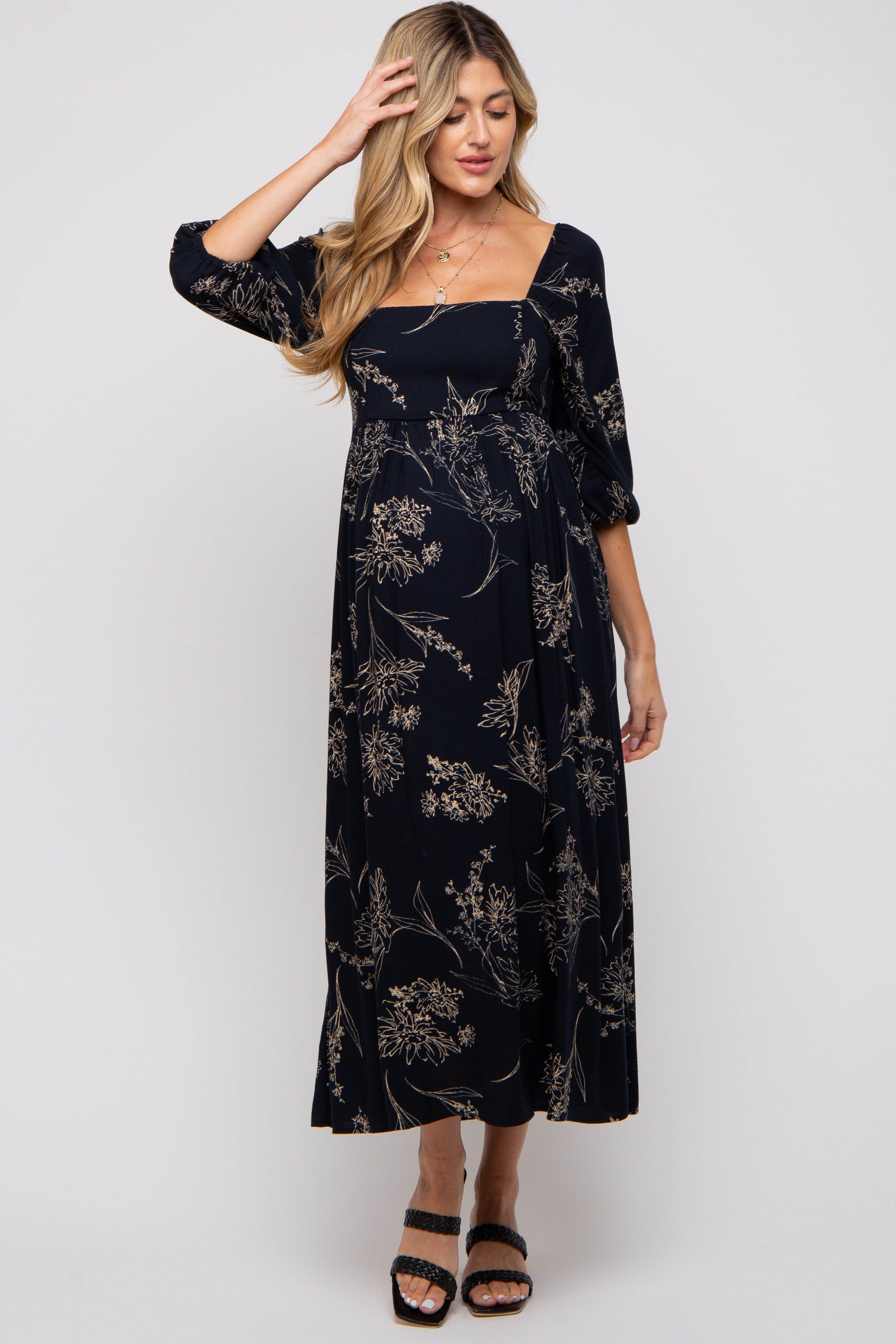 Navy Floral Squared Neck Maternity Midi Dress sold by Pinkblush product image thumbnail 4