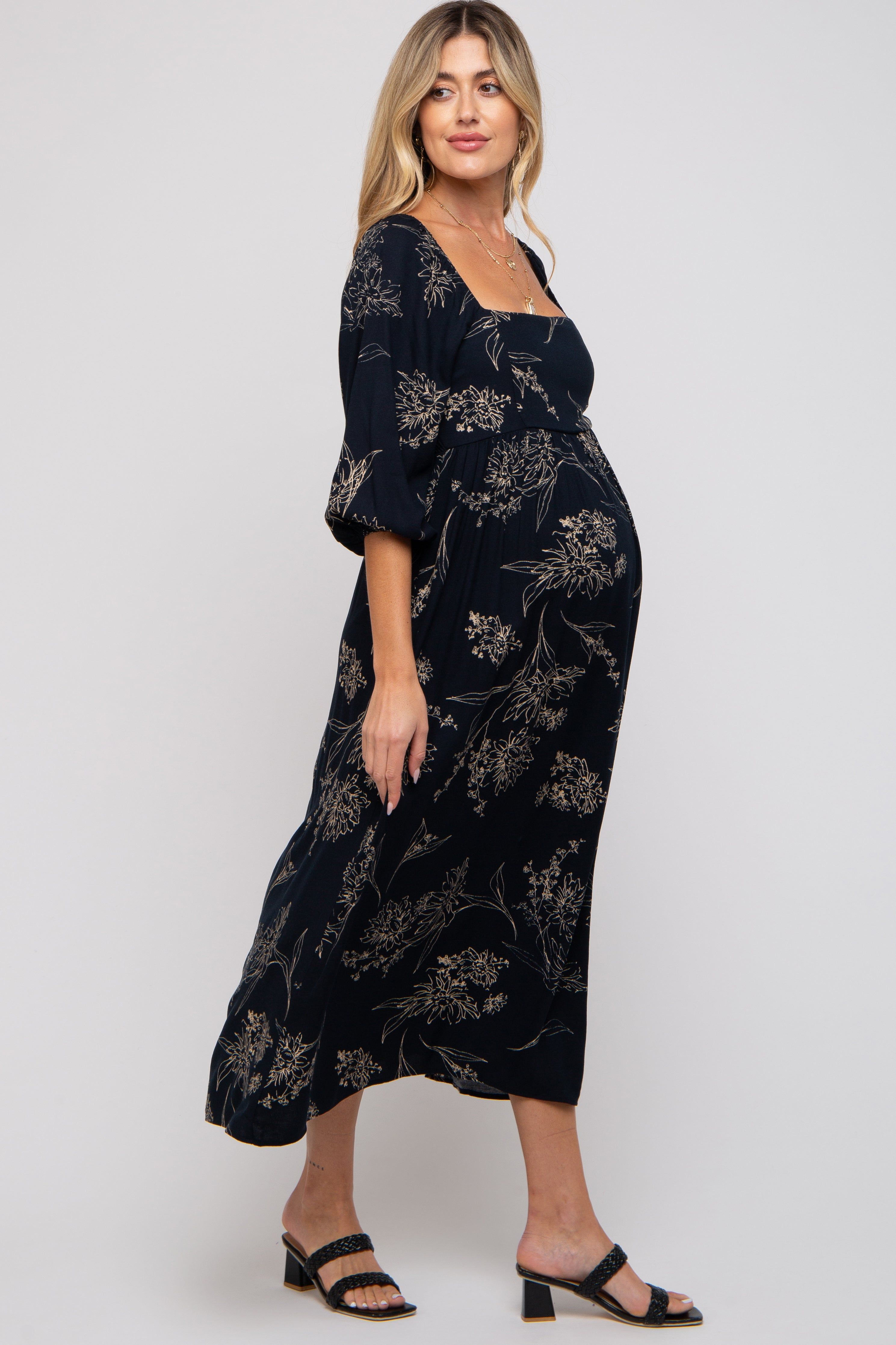 Navy Floral Squared Neck Maternity Midi Dress sold by Pinkblush