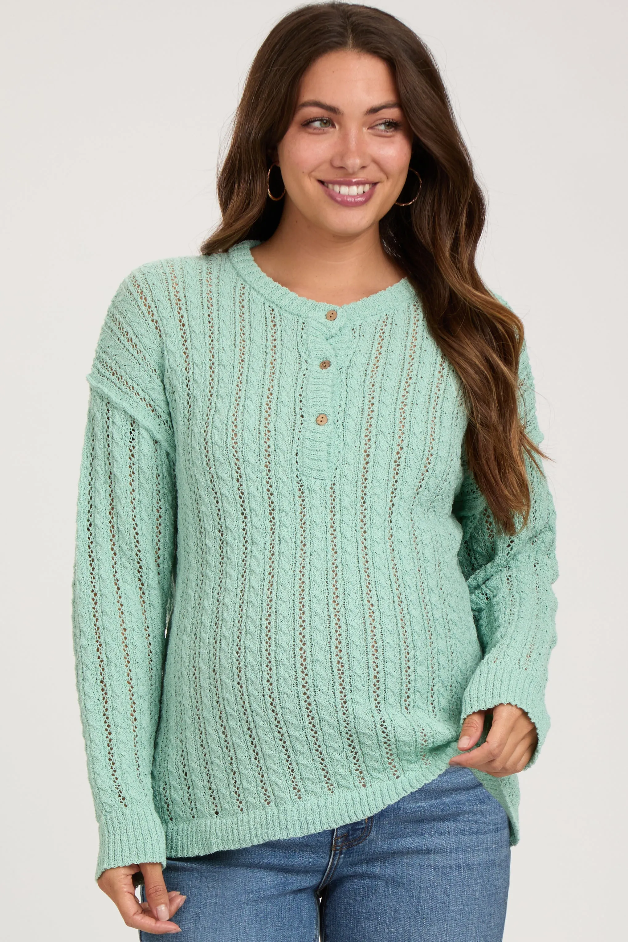 Mint Green Open Knit Front Button Maternity Sweater sold by Pinkblush