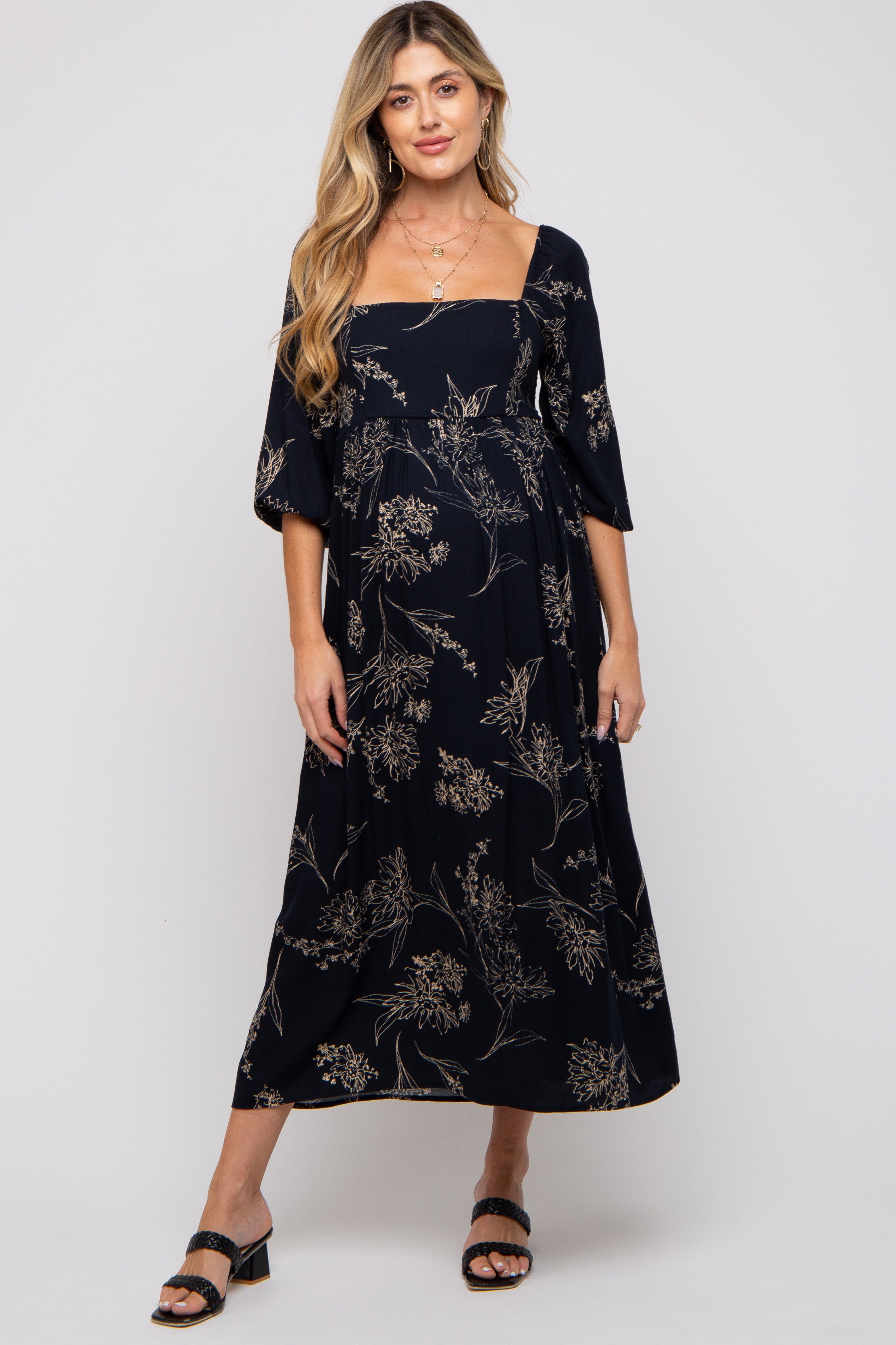 Navy Floral Squared Neck Maternity Midi Dress sold by Pinkblush product image thumbnail 2