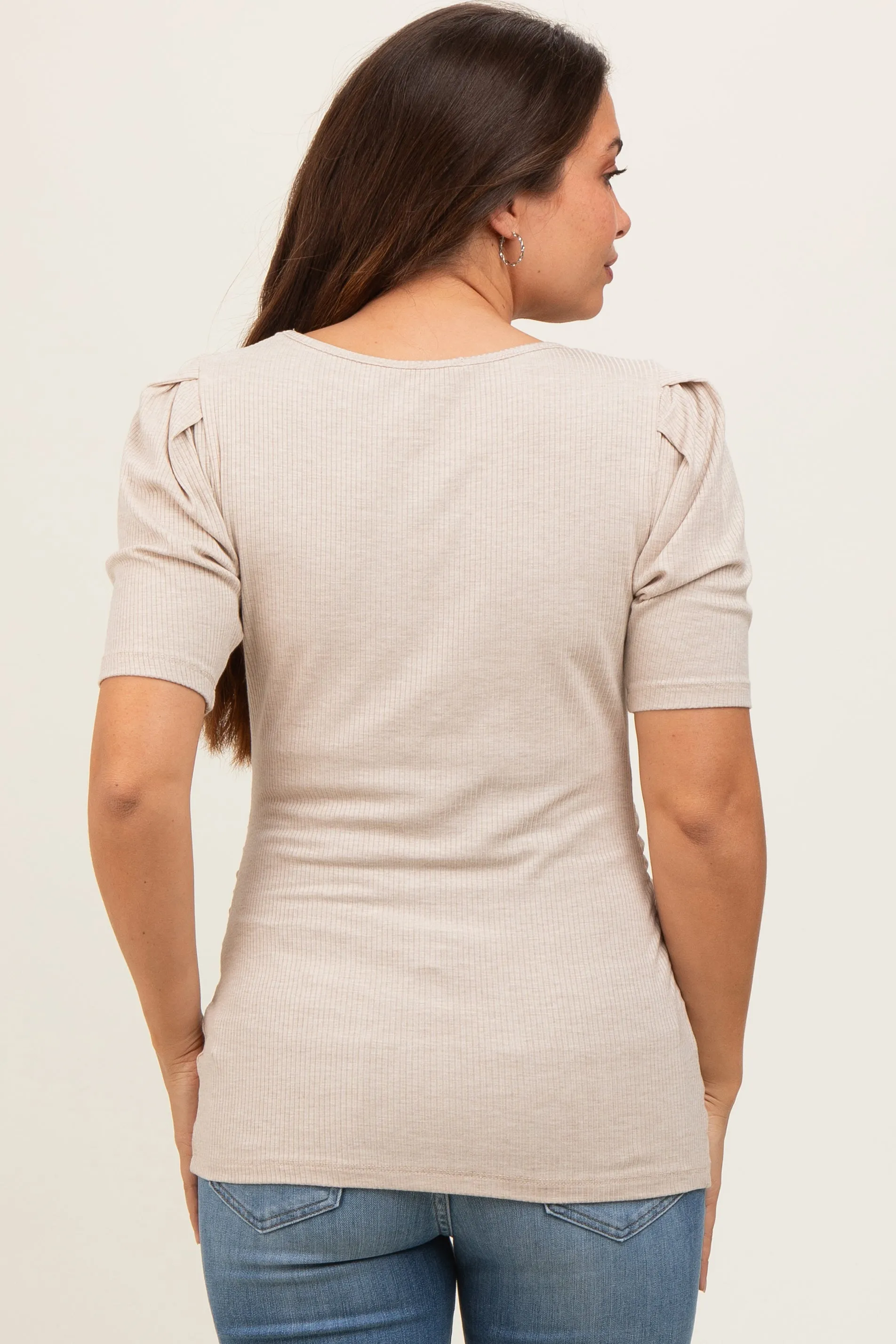 Beige Ribbed Ruched Square Neck Puff Sleeve Maternity Top sold by Pinkblush product image thumbnail 4