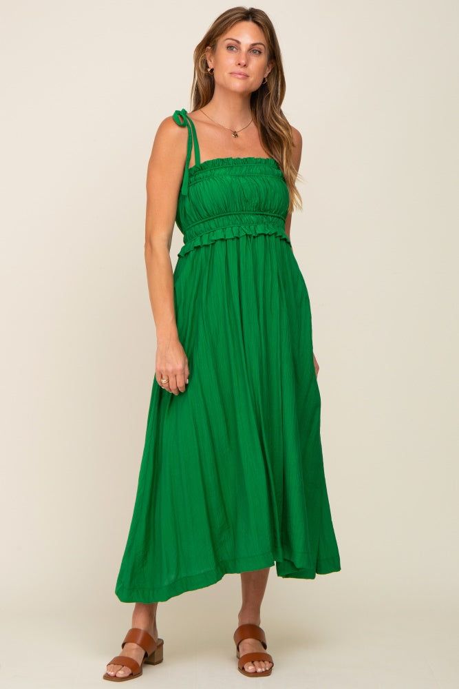 Green Shirred Shoulder Tie Midi Dress sold by Pinkblush product image thumbnail 4