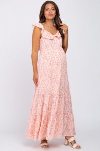 Pink Floral Ruffle Tiered Maternity Maxi Dress sold by Pinkblush
