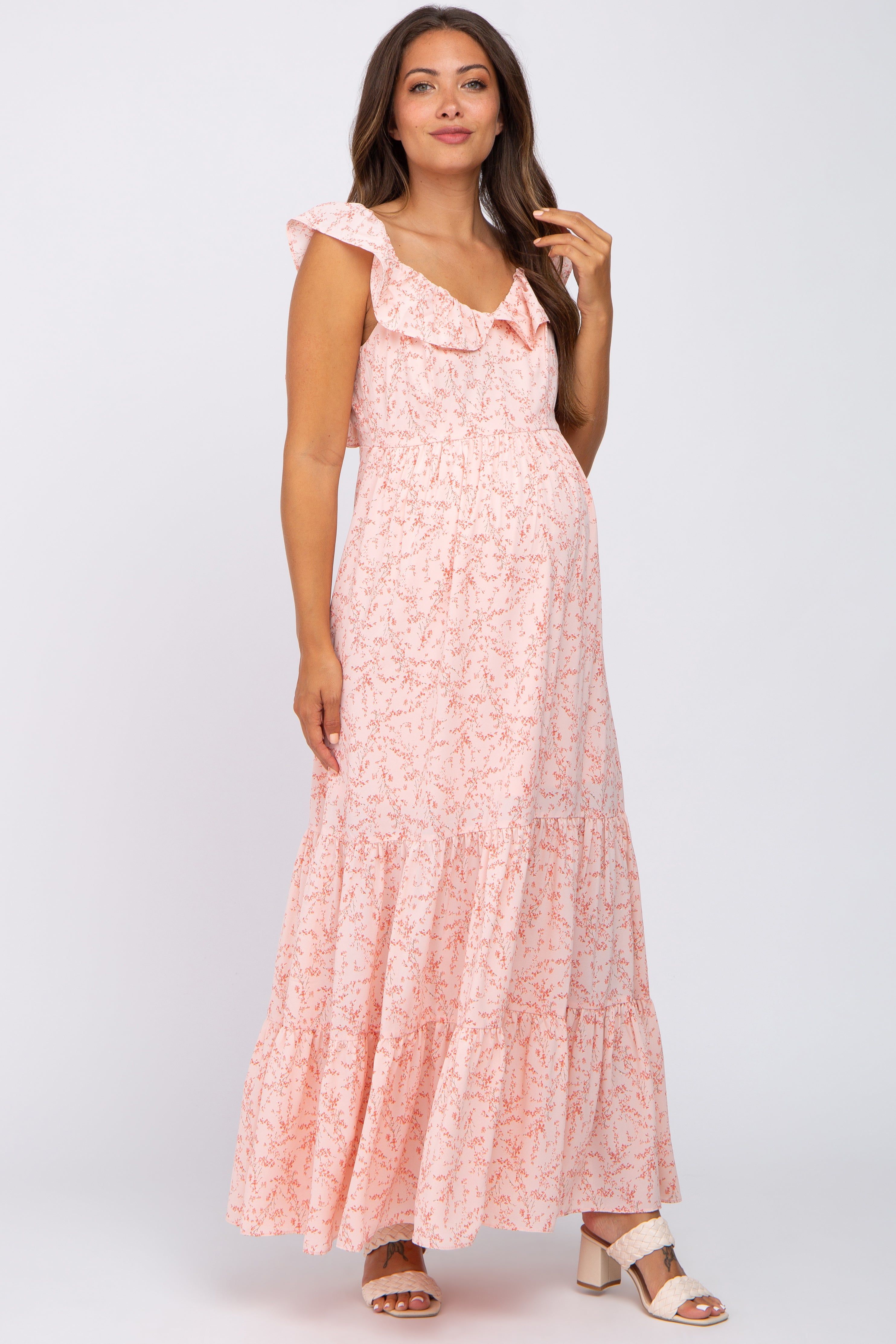 Pink Floral Ruffle Tiered Maternity Maxi Dress sold by Pinkblush product image thumbnail 4