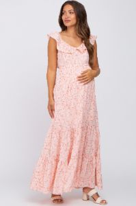 Pink Floral Ruffle Tiered Maternity Maxi Dress sold by Pinkblush