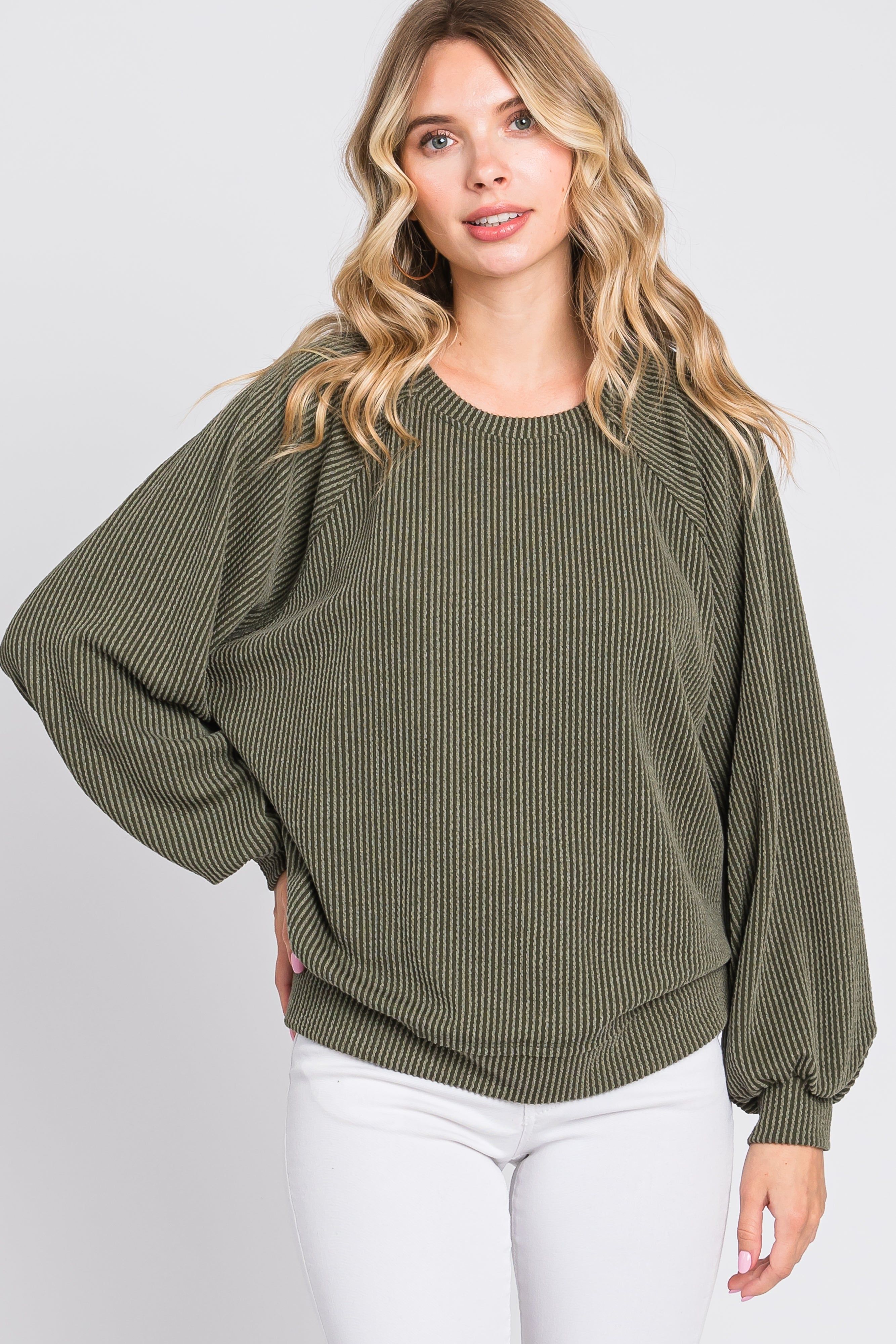 Olive Ribbed Pullover Top sold by Pinkblush