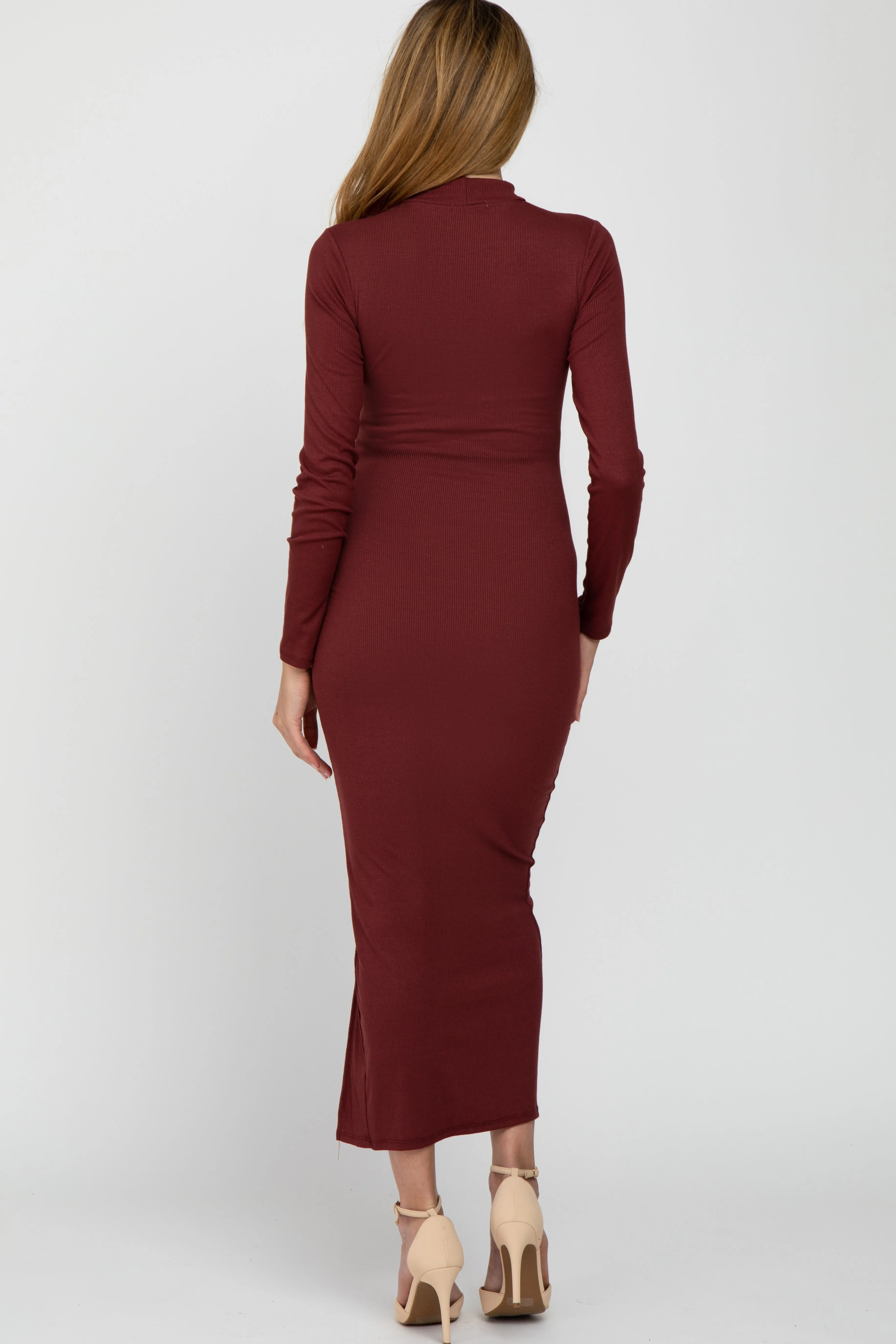 Burgundy Ribbed Mock Neck Side Slit Maternity Maxi Dress sold by Pinkblush product image thumbnail 3