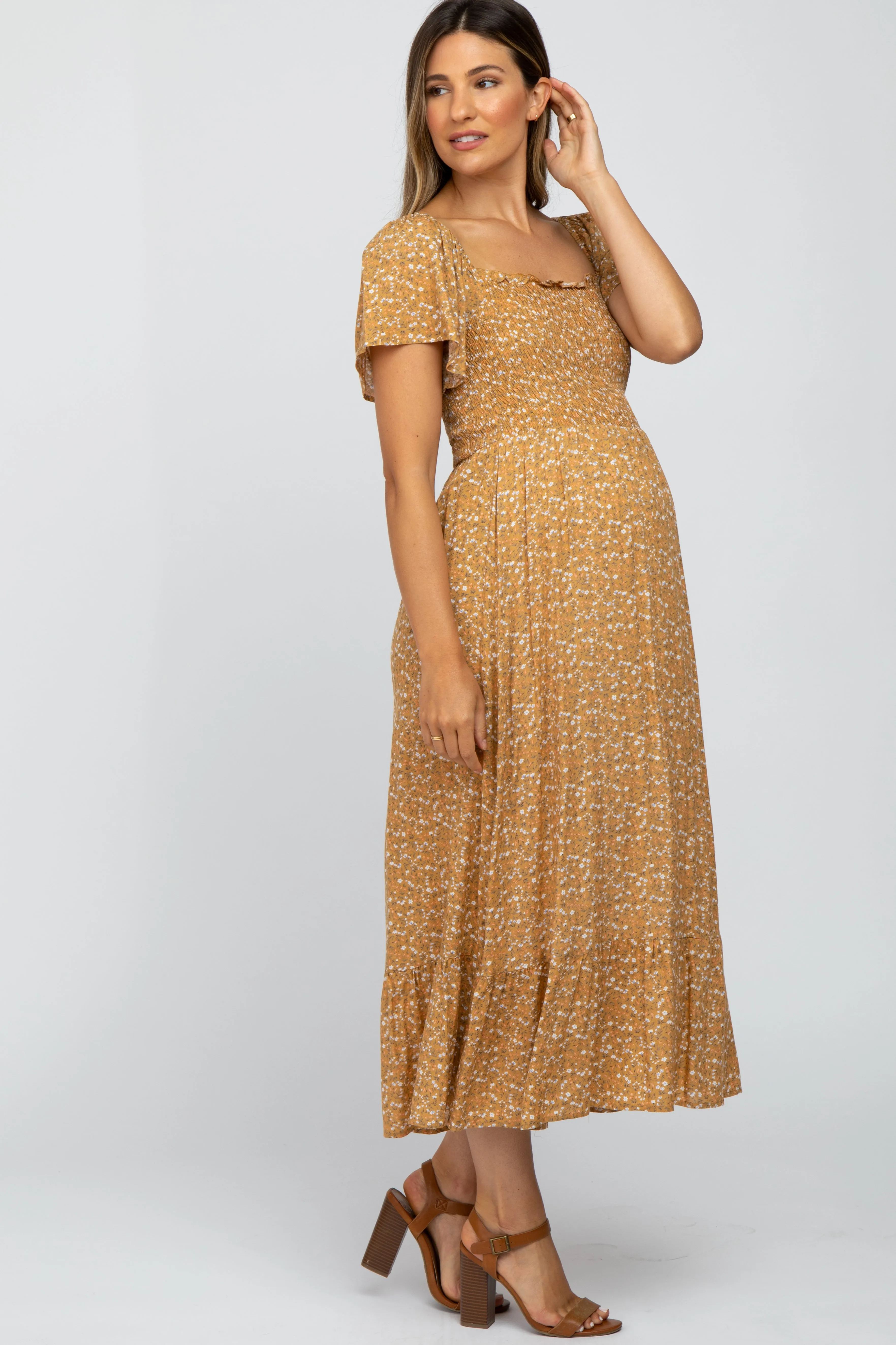 Mustard Floral Smocked Maternity Maxi Dress sold by Pinkblush product image thumbnail 3