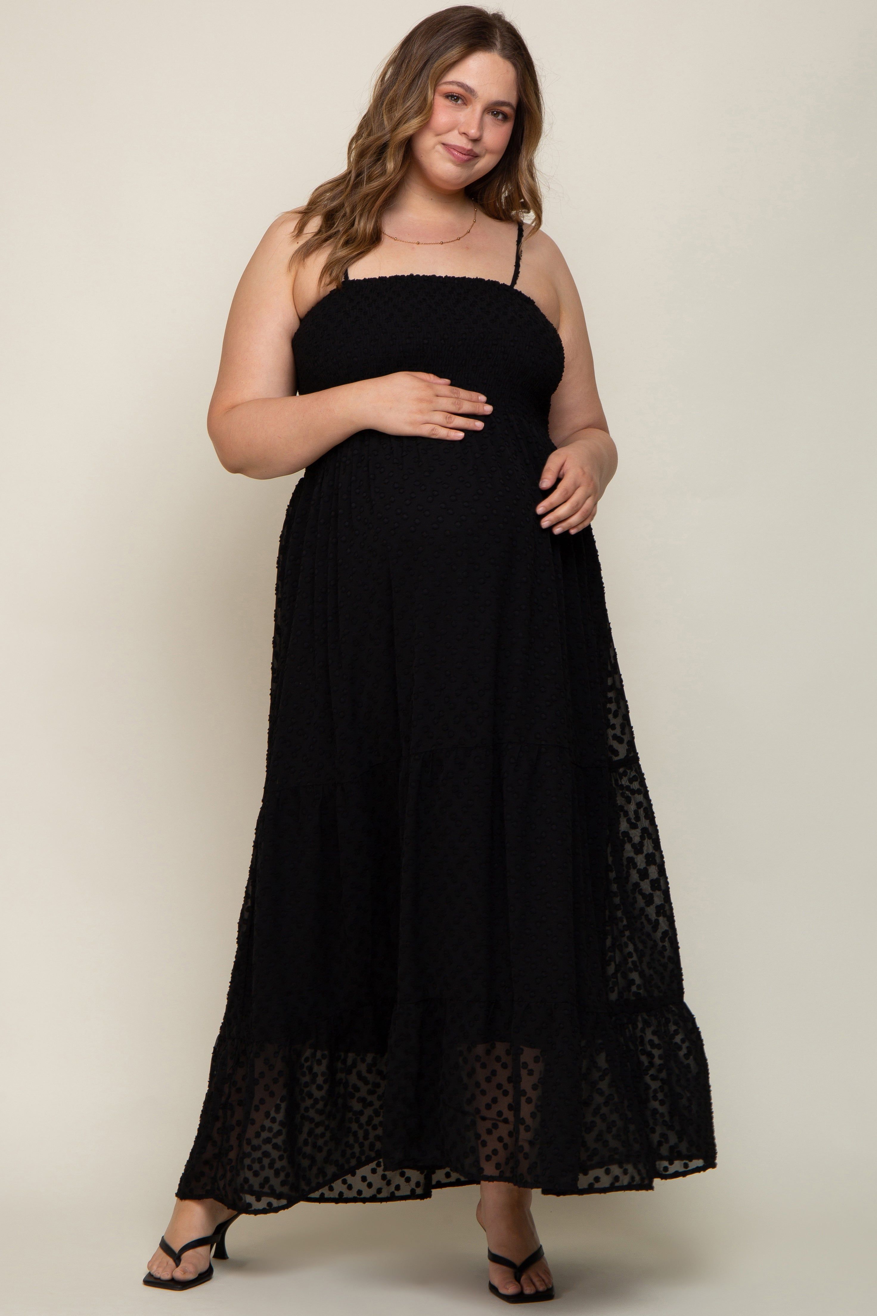 Black Textured Dot Chiffon Sleeveless Plus Maternity Maxi Dress sold by Pinkblush