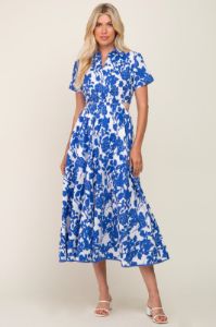 Royal Blue Floral Collared Short Sleeve Side Cutout Maternity Midi Dress sold by Pinkblush