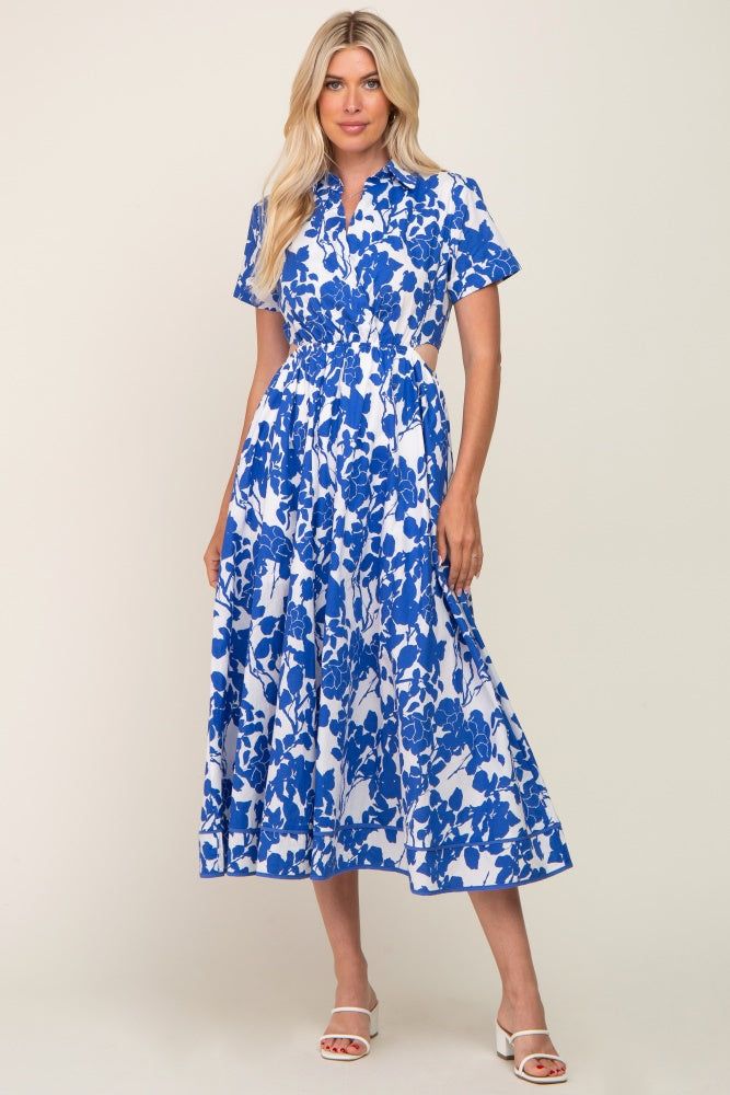 Royal Blue Floral Collared Short Sleeve Side Cutout Maternity Midi Dress sold by Pinkblush product image thumbnail 5