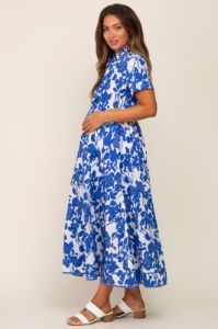 Royal Blue Floral Collared Short Sleeve Side Cutout Maternity Midi Dress sold by Pinkblush