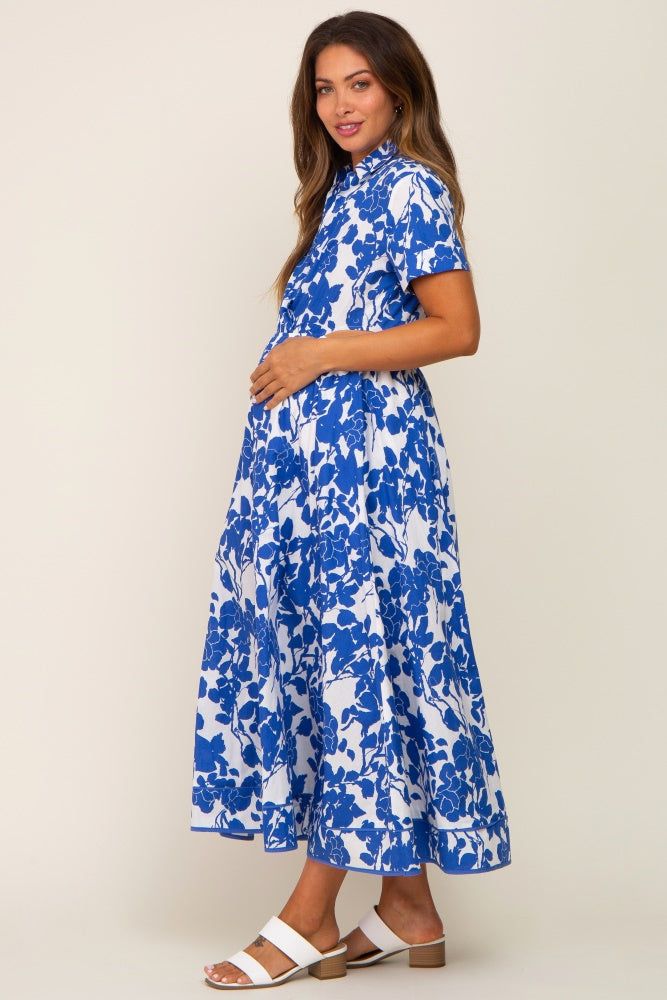 Royal Blue Floral Collared Short Sleeve Side Cutout Maternity Midi Dress sold by Pinkblush product image thumbnail 2