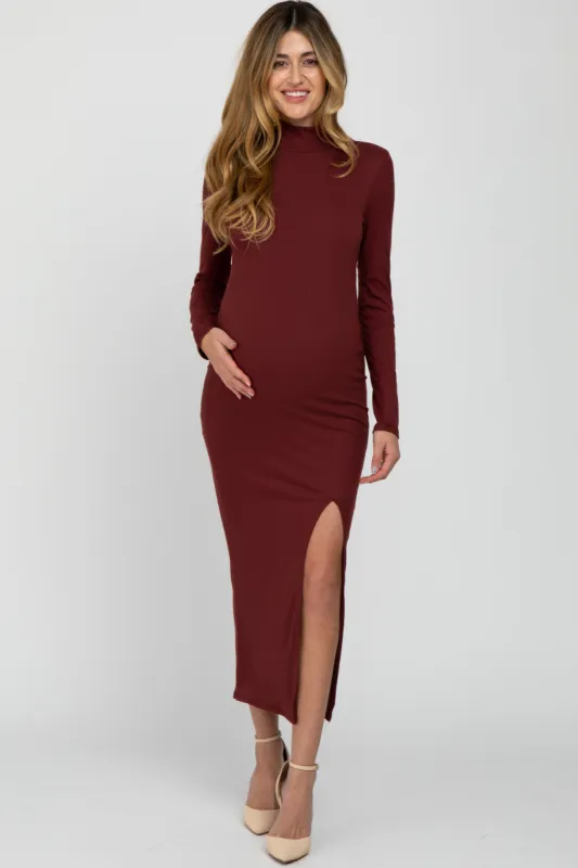 Burgundy Ribbed Mock Neck Side Slit Maternity Maxi Dress sold by Pinkblush