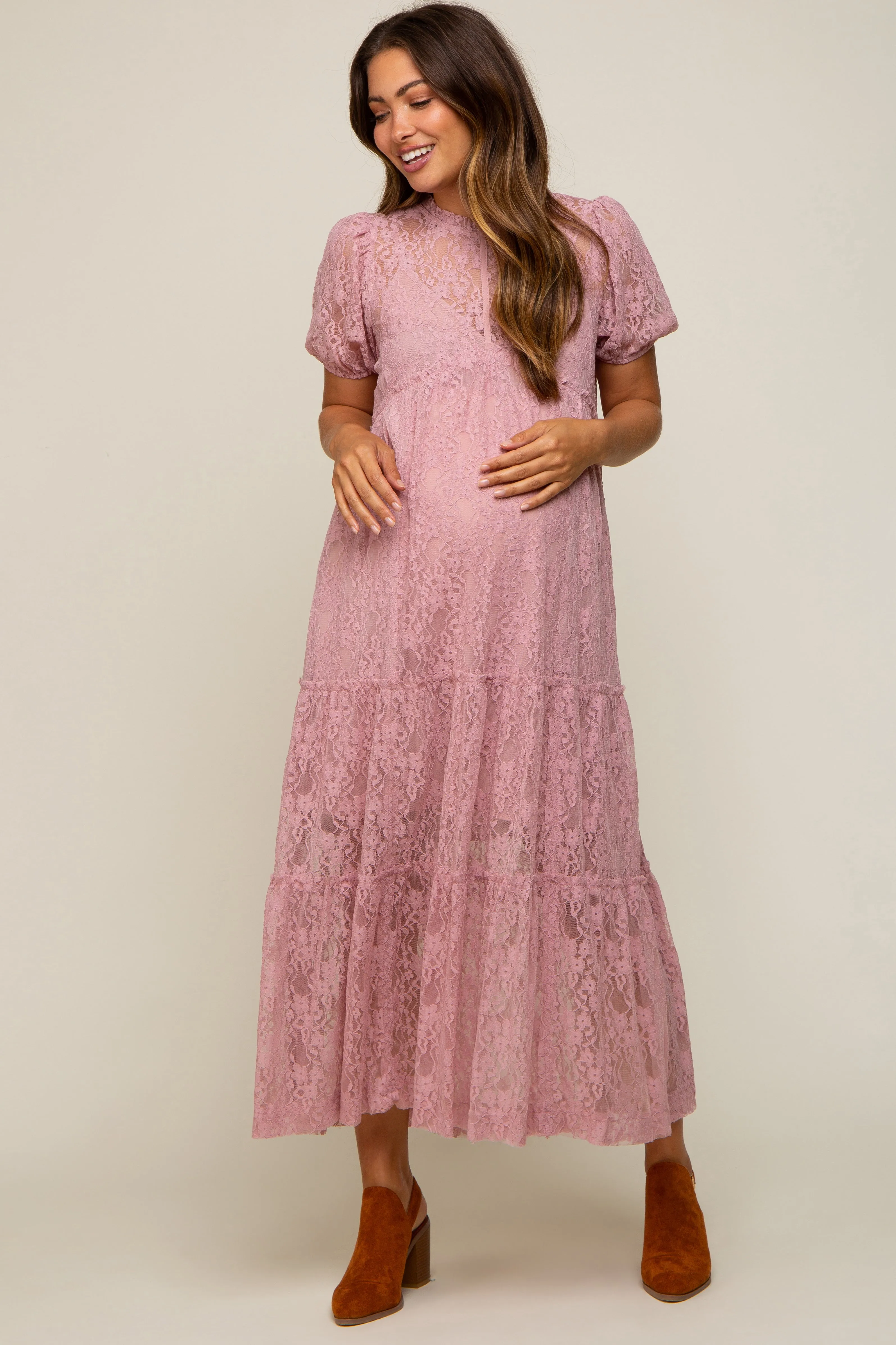 Mauve Lace Tiered Maternity Midi Dress sold by Pinkblush product image thumbnail 4