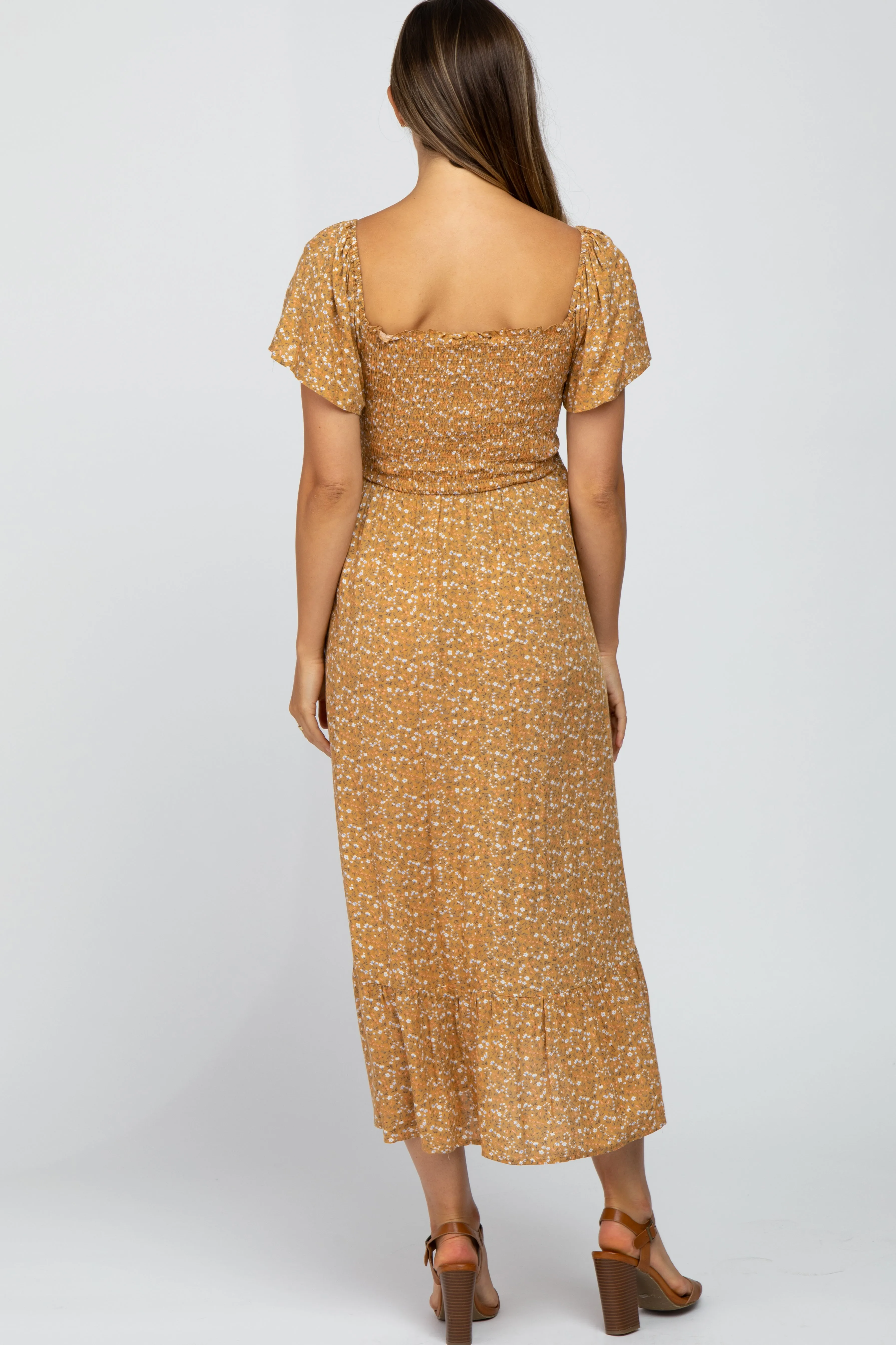 Mustard Floral Smocked Maternity Maxi Dress sold by Pinkblush product image thumbnail 4