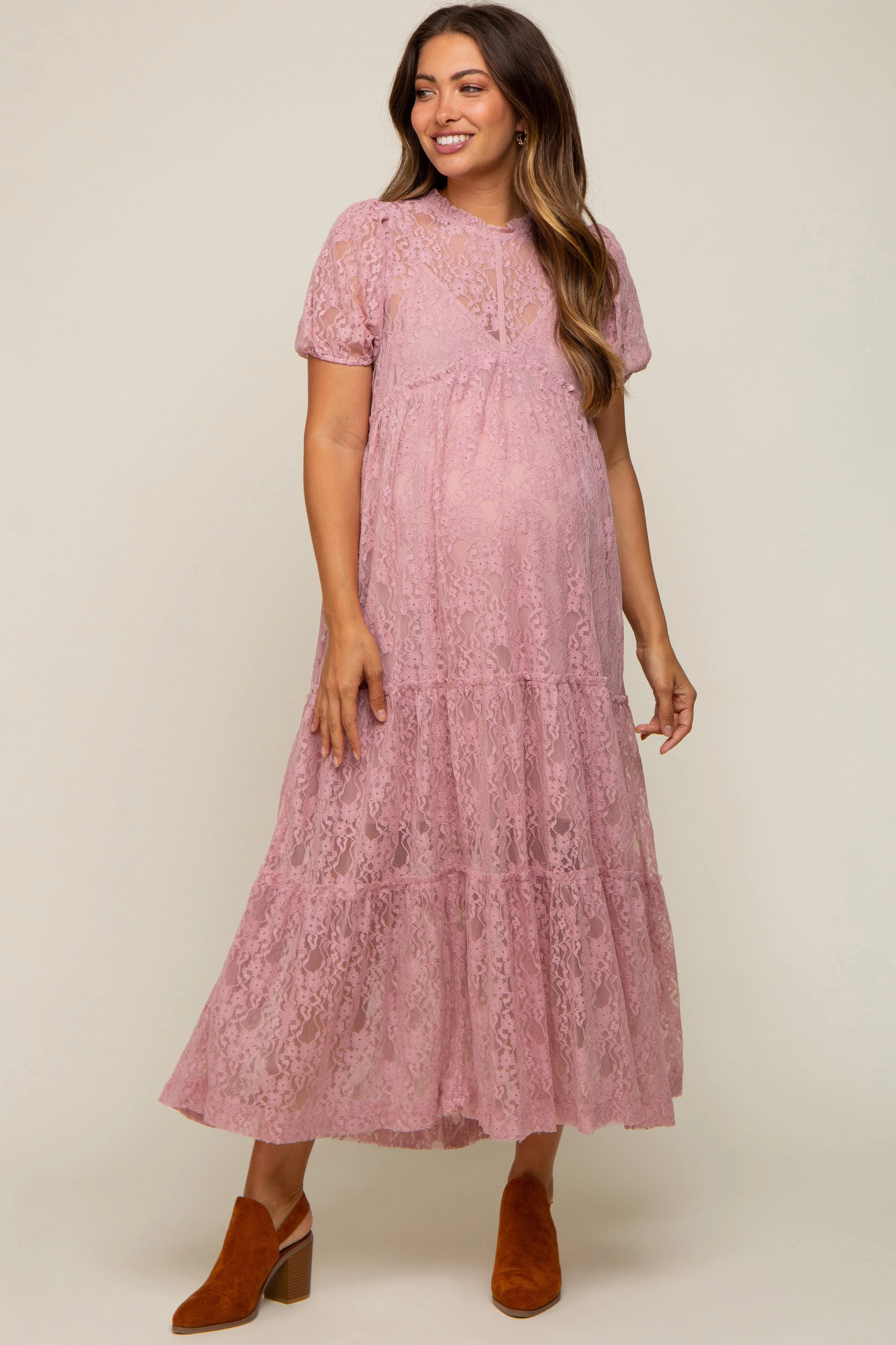 Mauve Lace Tiered Maternity Midi Dress sold by Pinkblush
