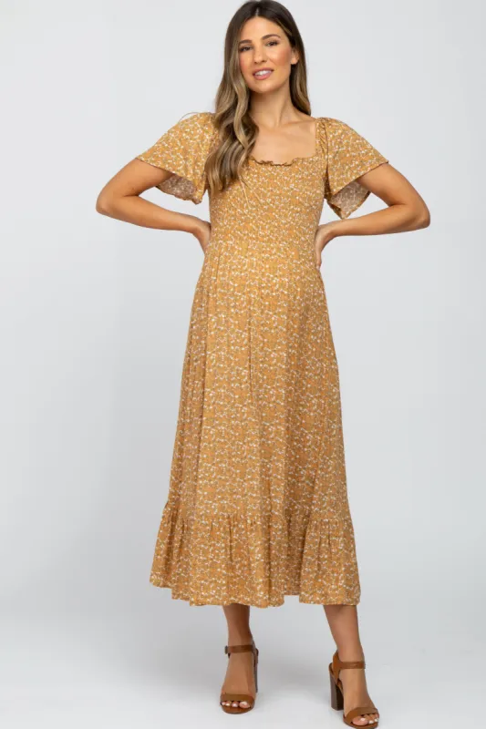 Mustard Floral Smocked Maternity Maxi Dress sold by Pinkblush
